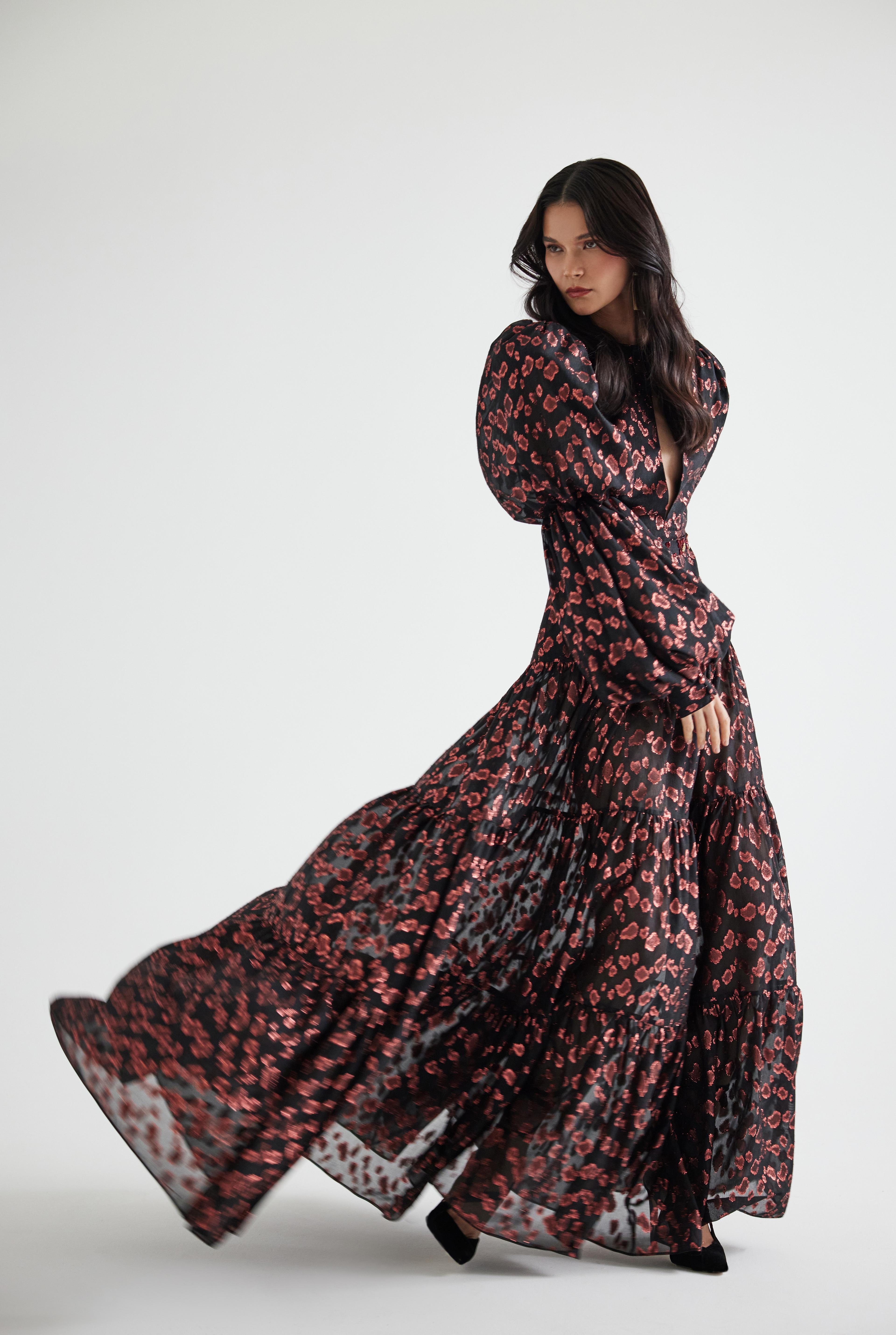 Puffy Sleeved Laminated Jacquard Maxi Dress