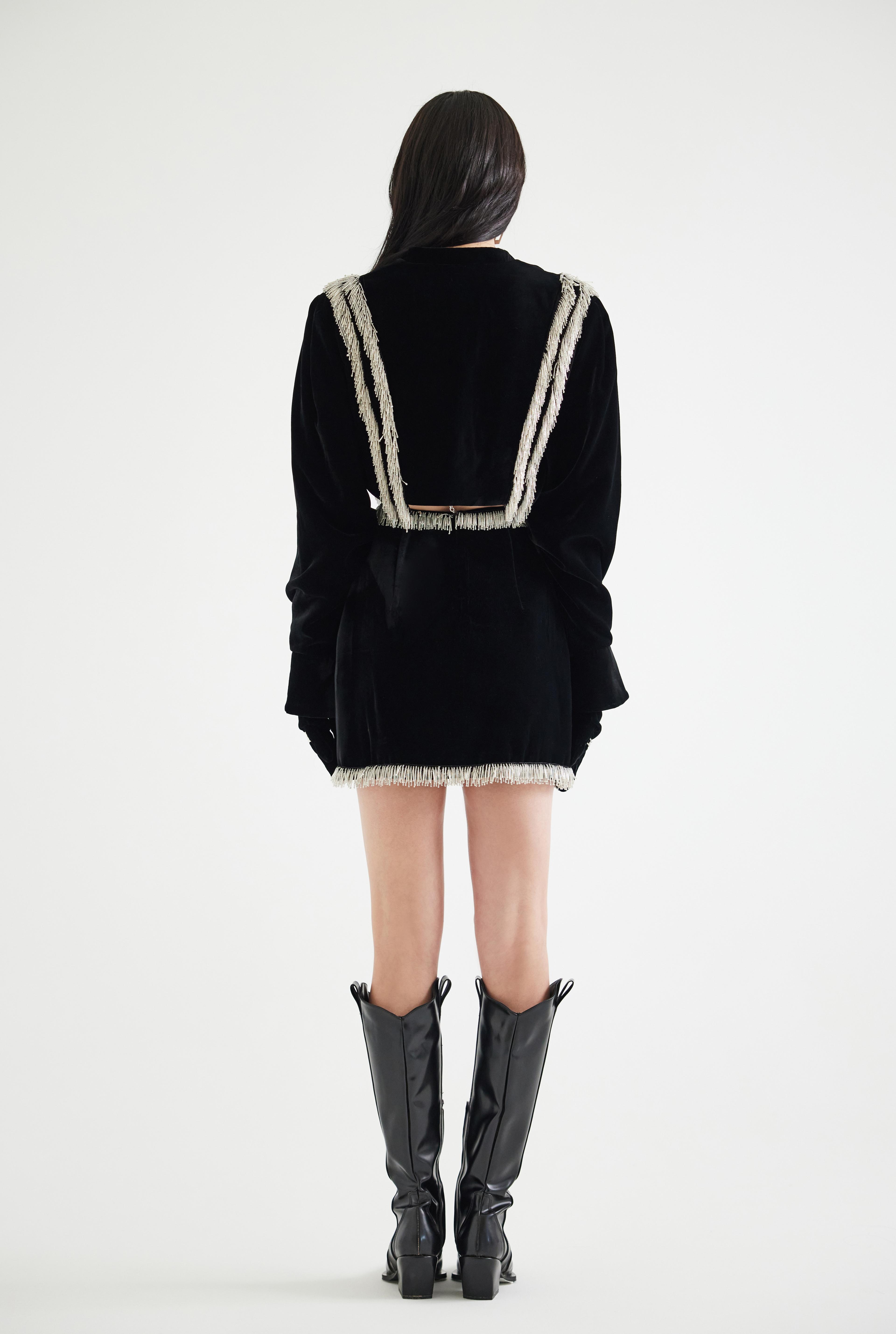 Bead-Embellished Assymetrical Velvet Mini Skirt & Mini Jacket