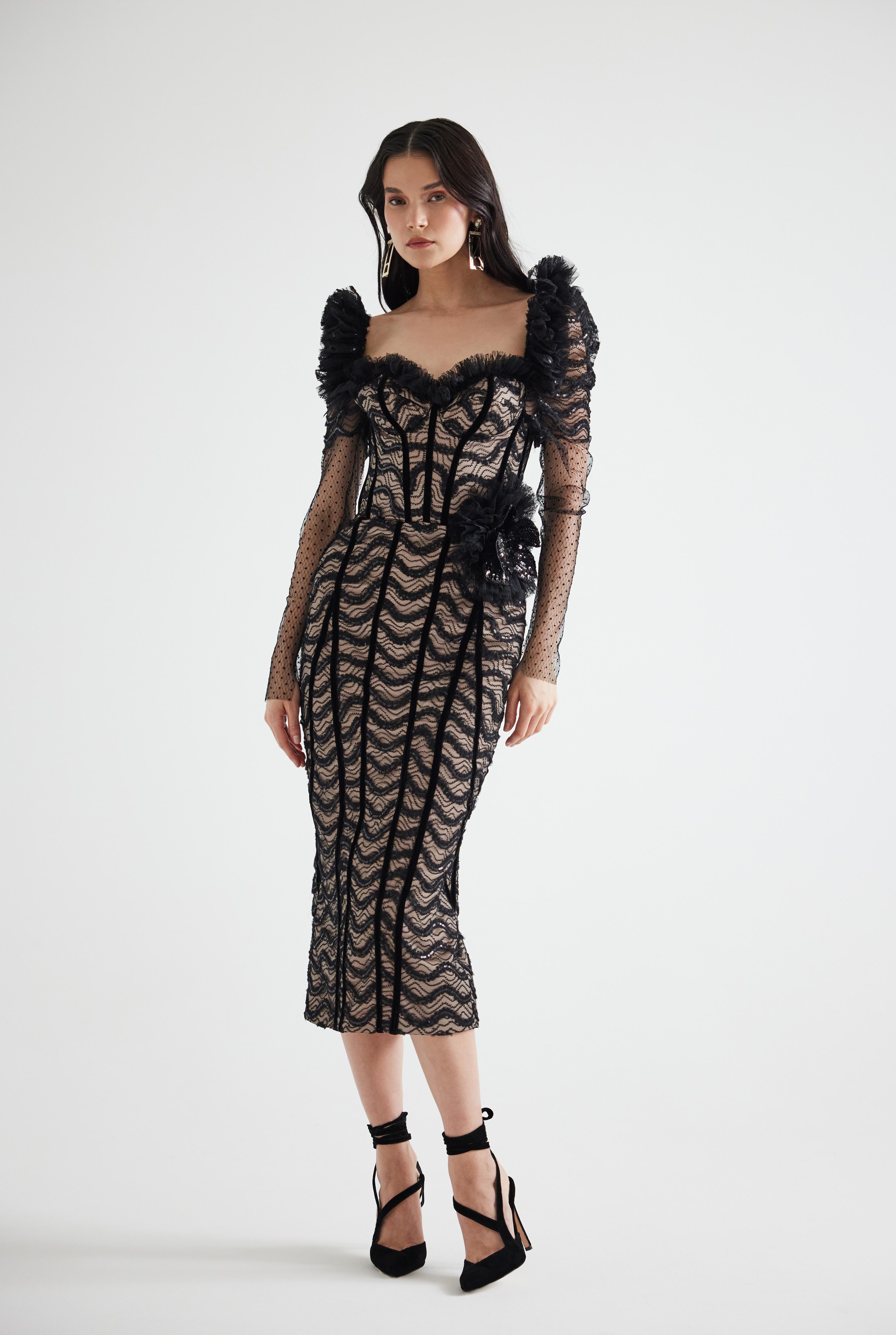 3D Lace With Ruffled Shoulders Midi Dress