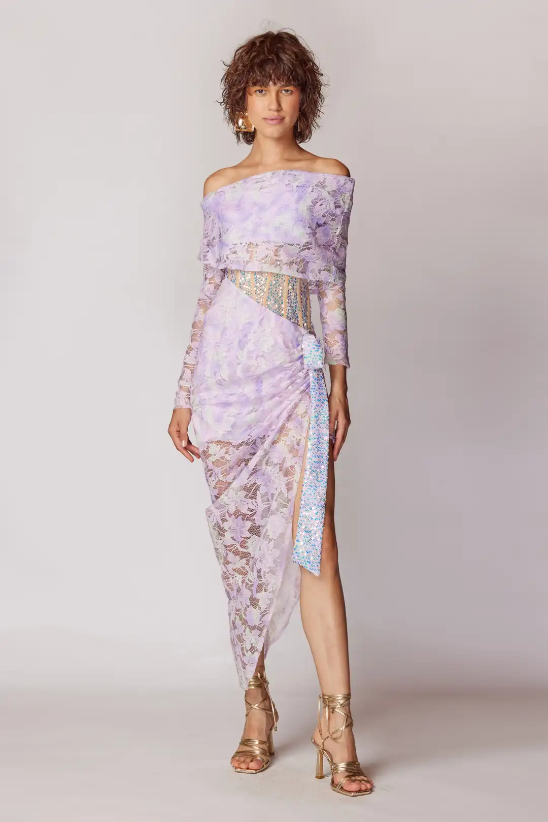 Solimanie Lace Trim Long Sleeve Tie Waist Dress