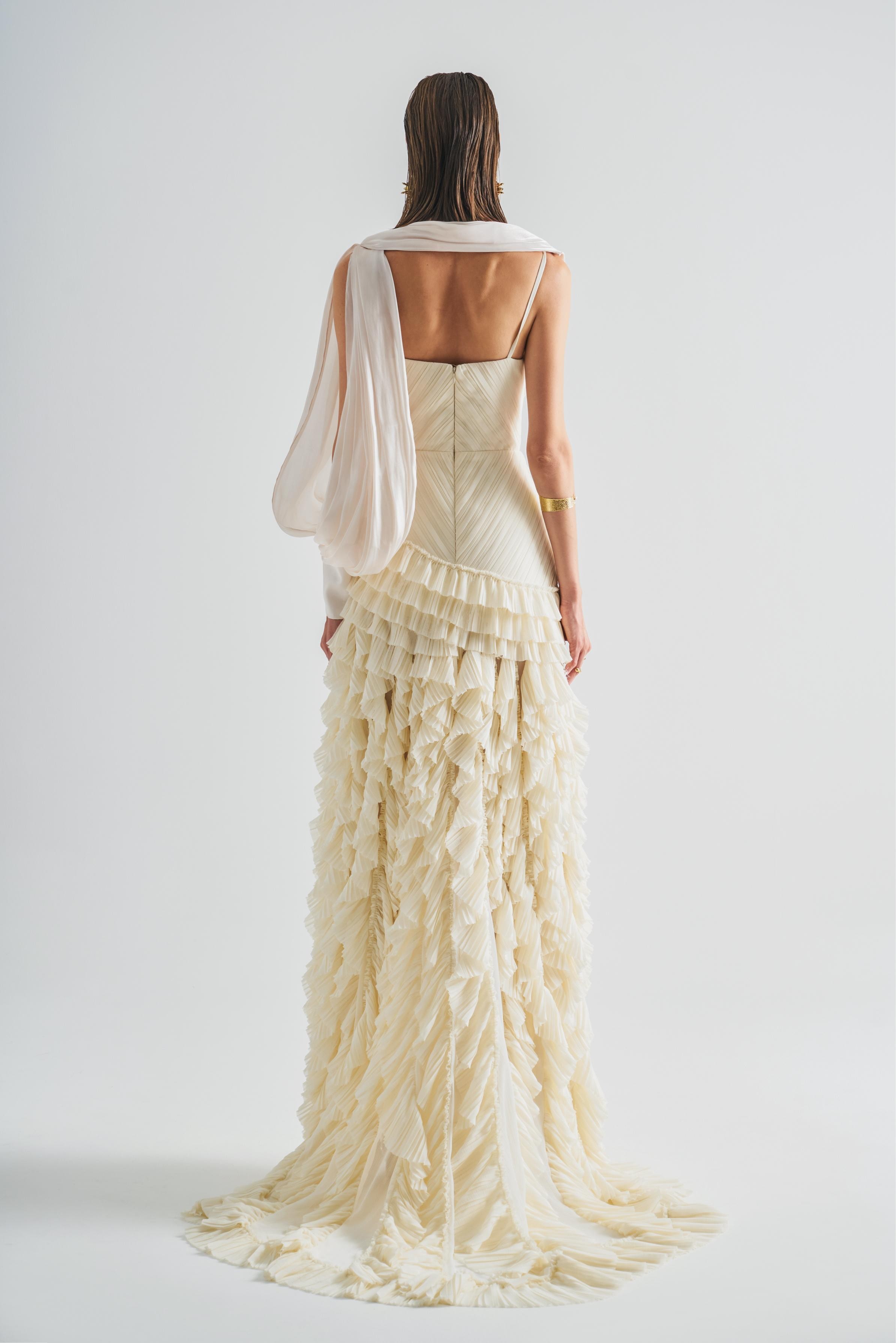 Pleated Ruffle Maxi Dress With Embroidery