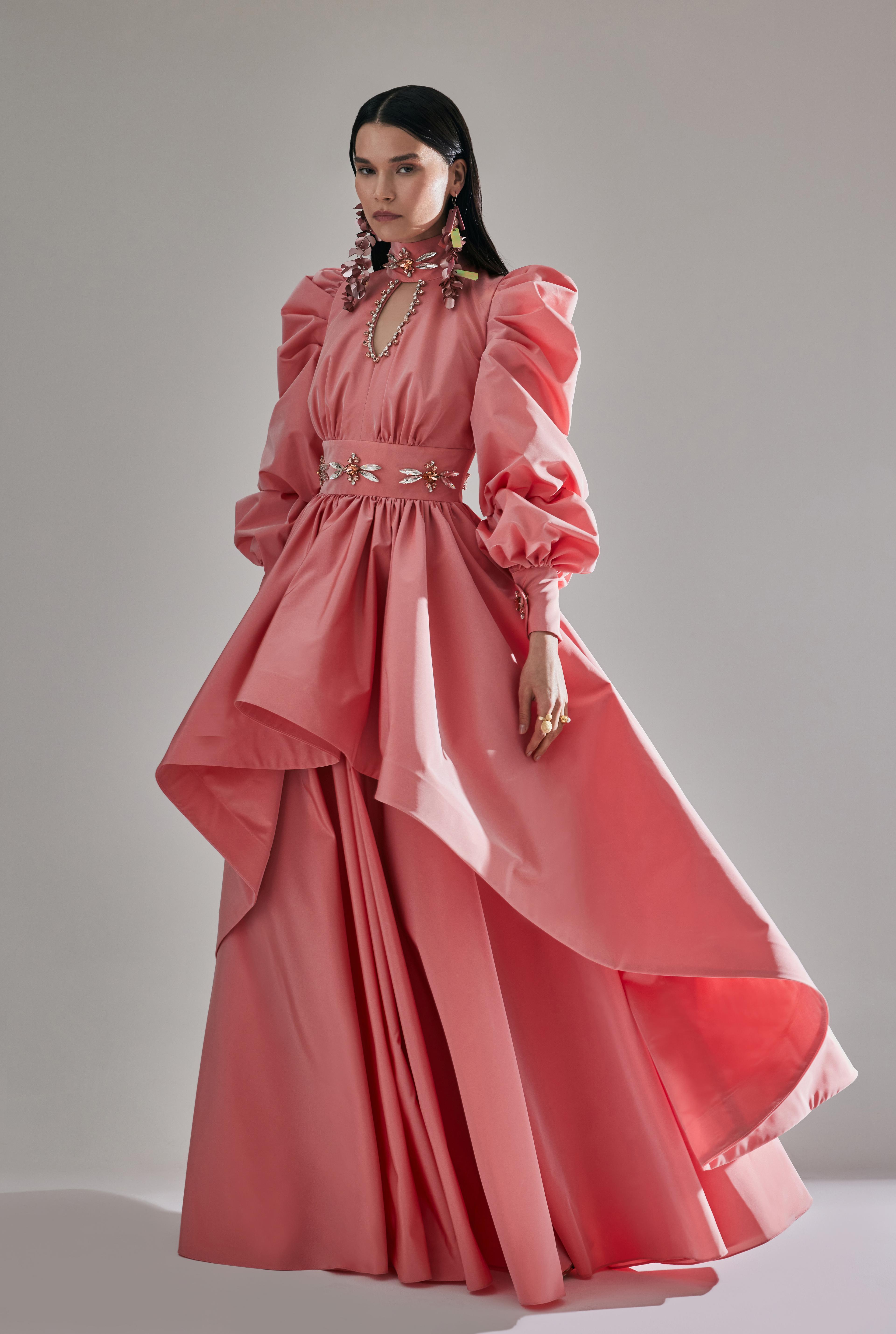 Puff Sleeve Embroired Taffeta Maxi Dress