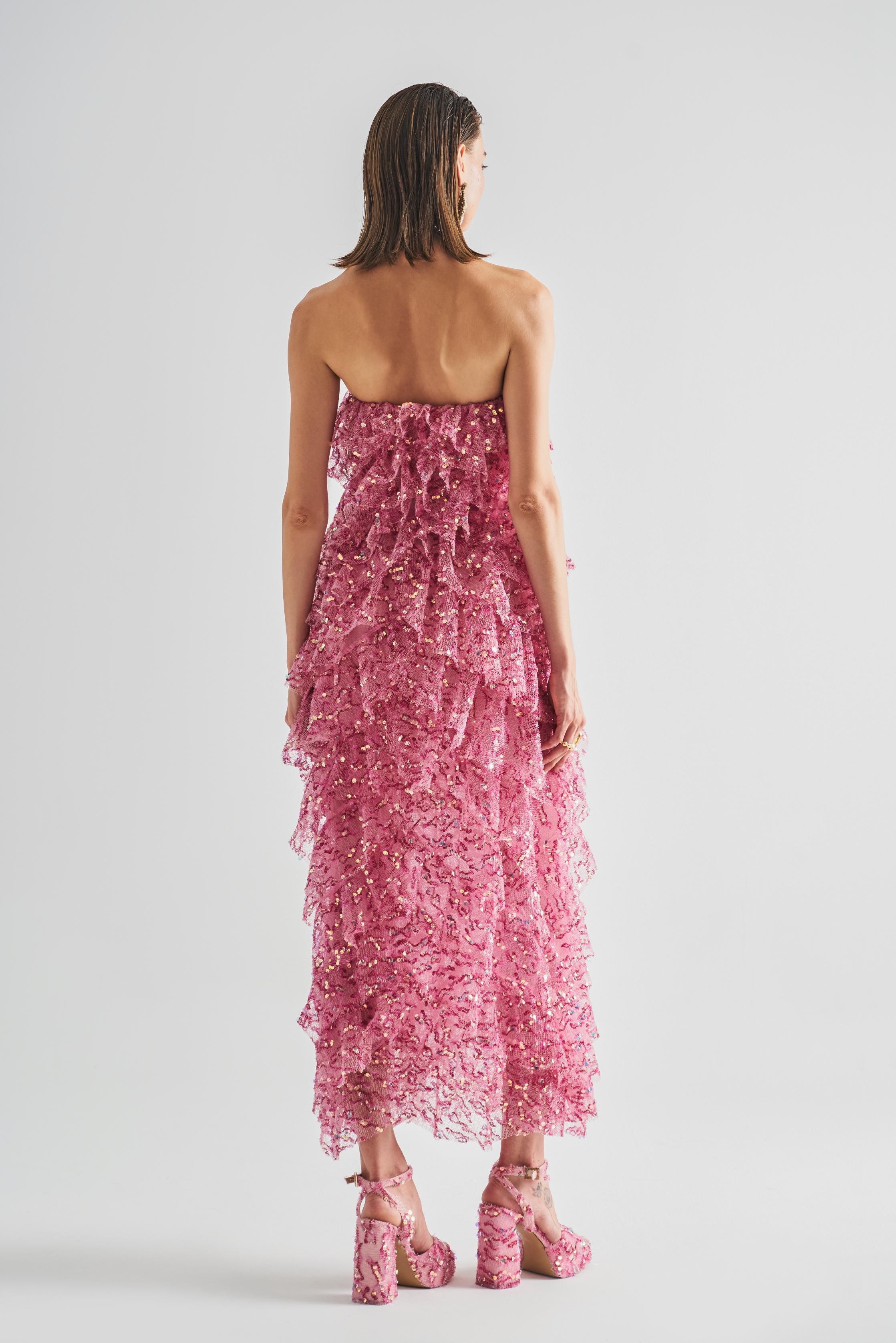 Strapless Layered Tulle Maxi Dress