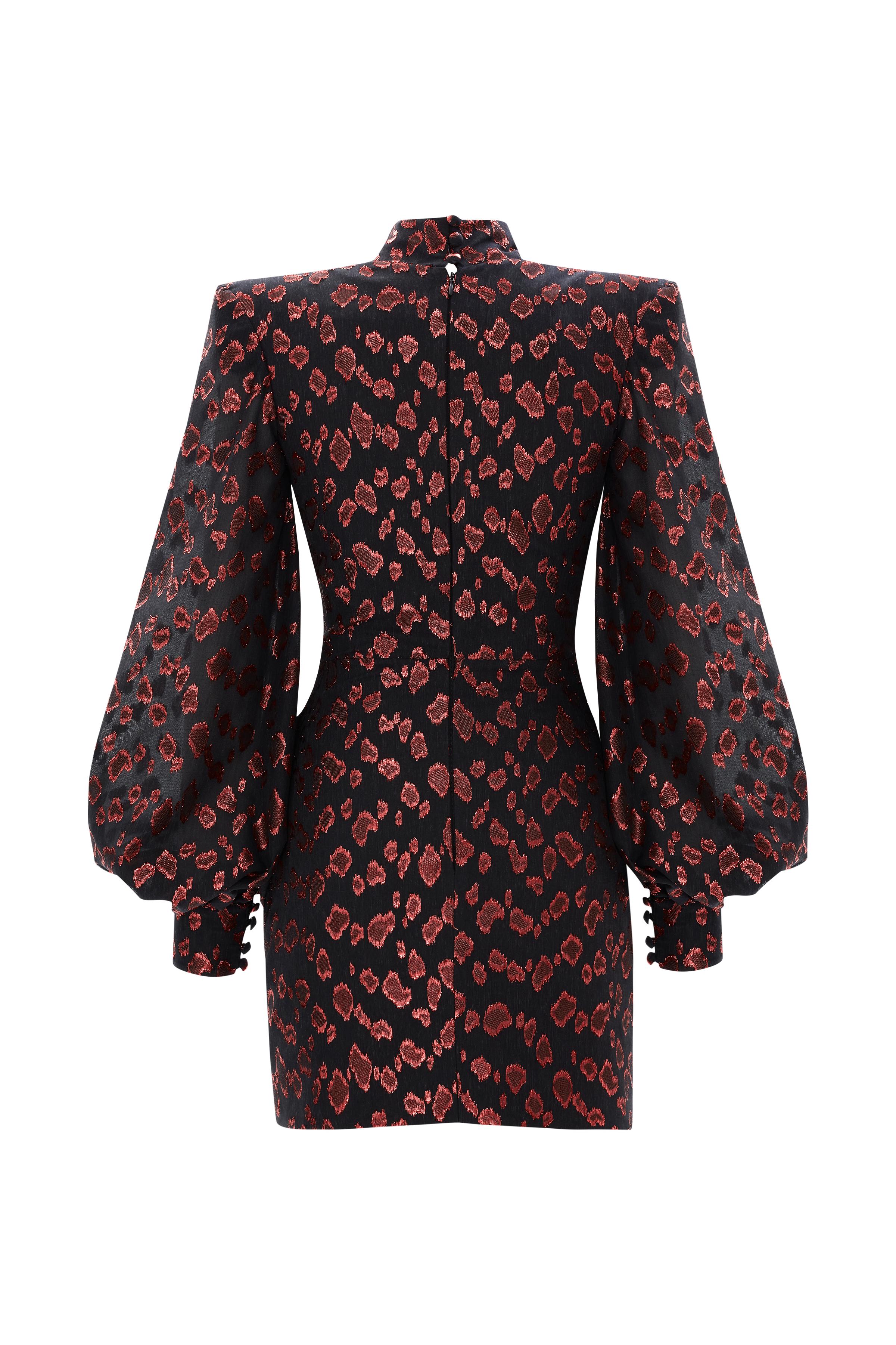 Puffy Sleeved Embroidered Jacquard Mini Dress