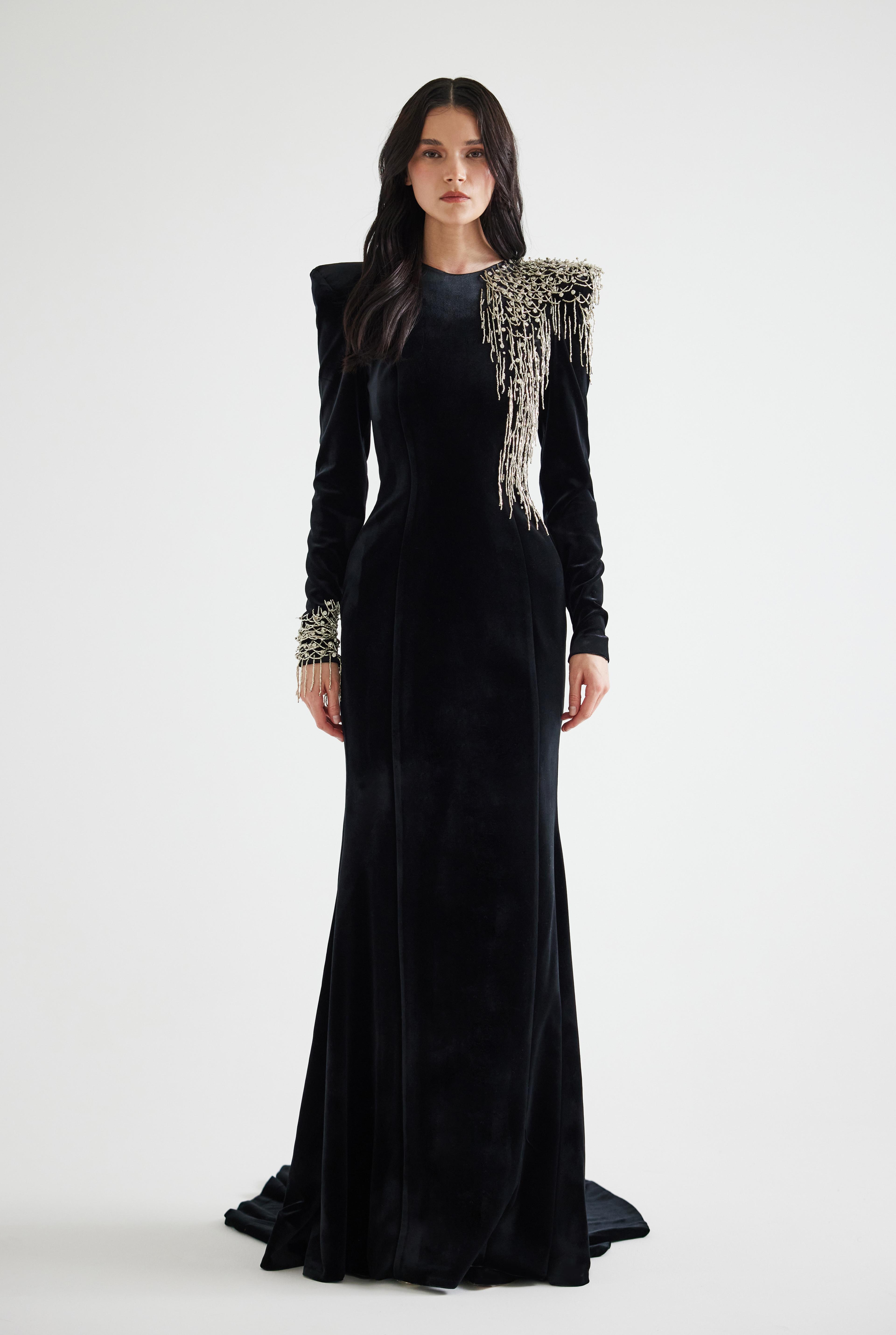 Embroidered Velvet Maxi Dress - Hand Made