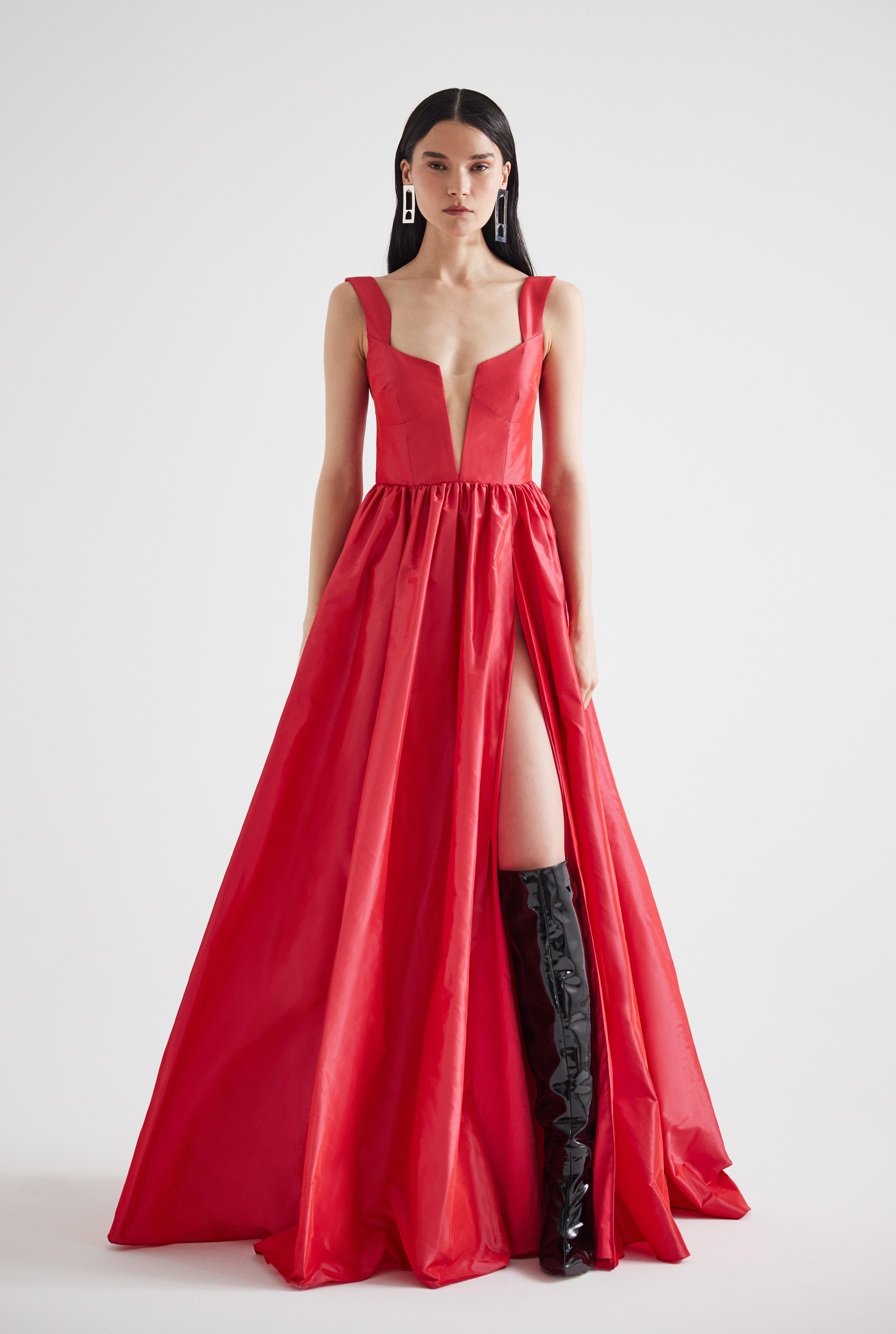 Side Slit Flower Detailed Taffeta Maxi Dress