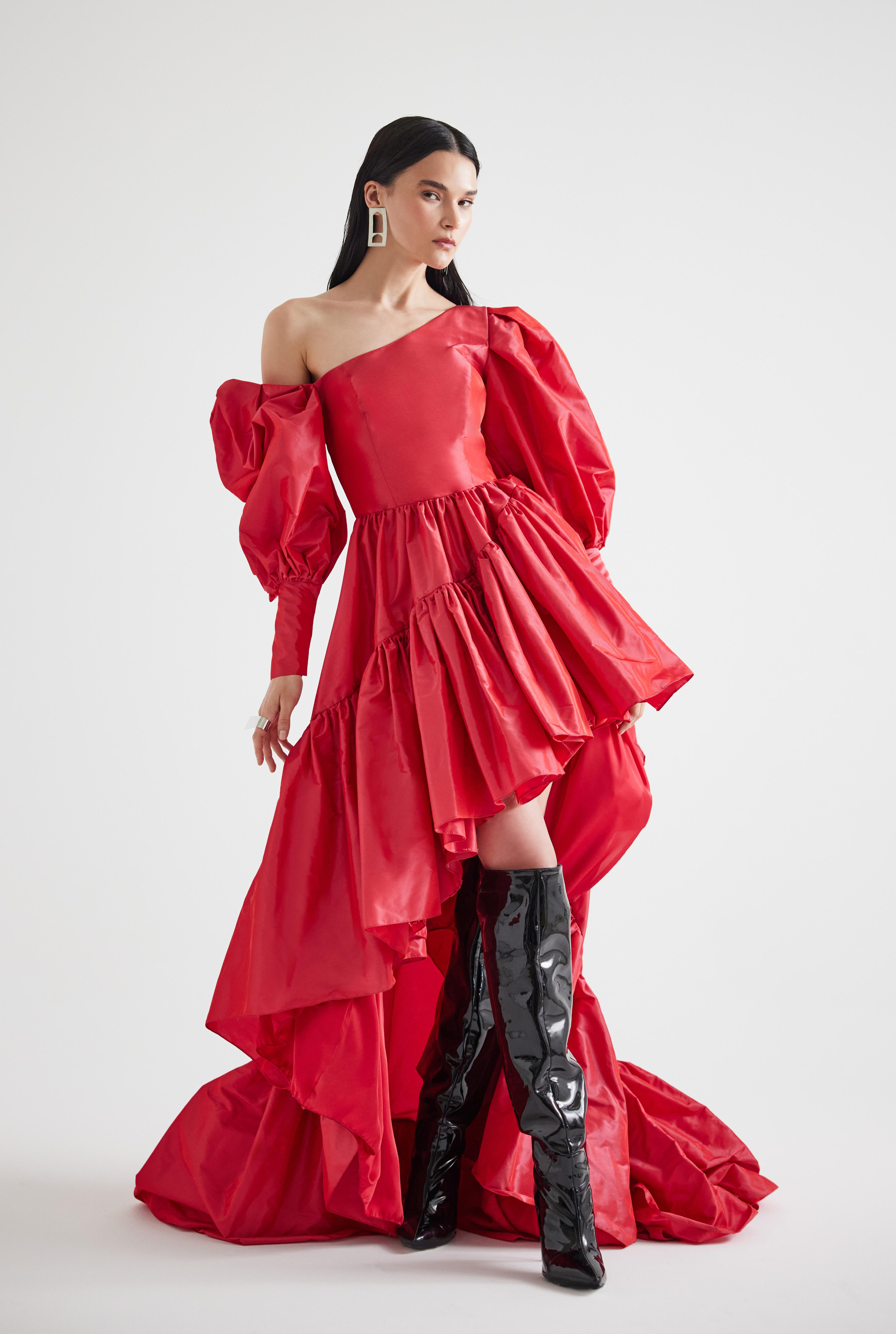 Assymetrical Puffy Sleeved Taffeta Maxi Dress