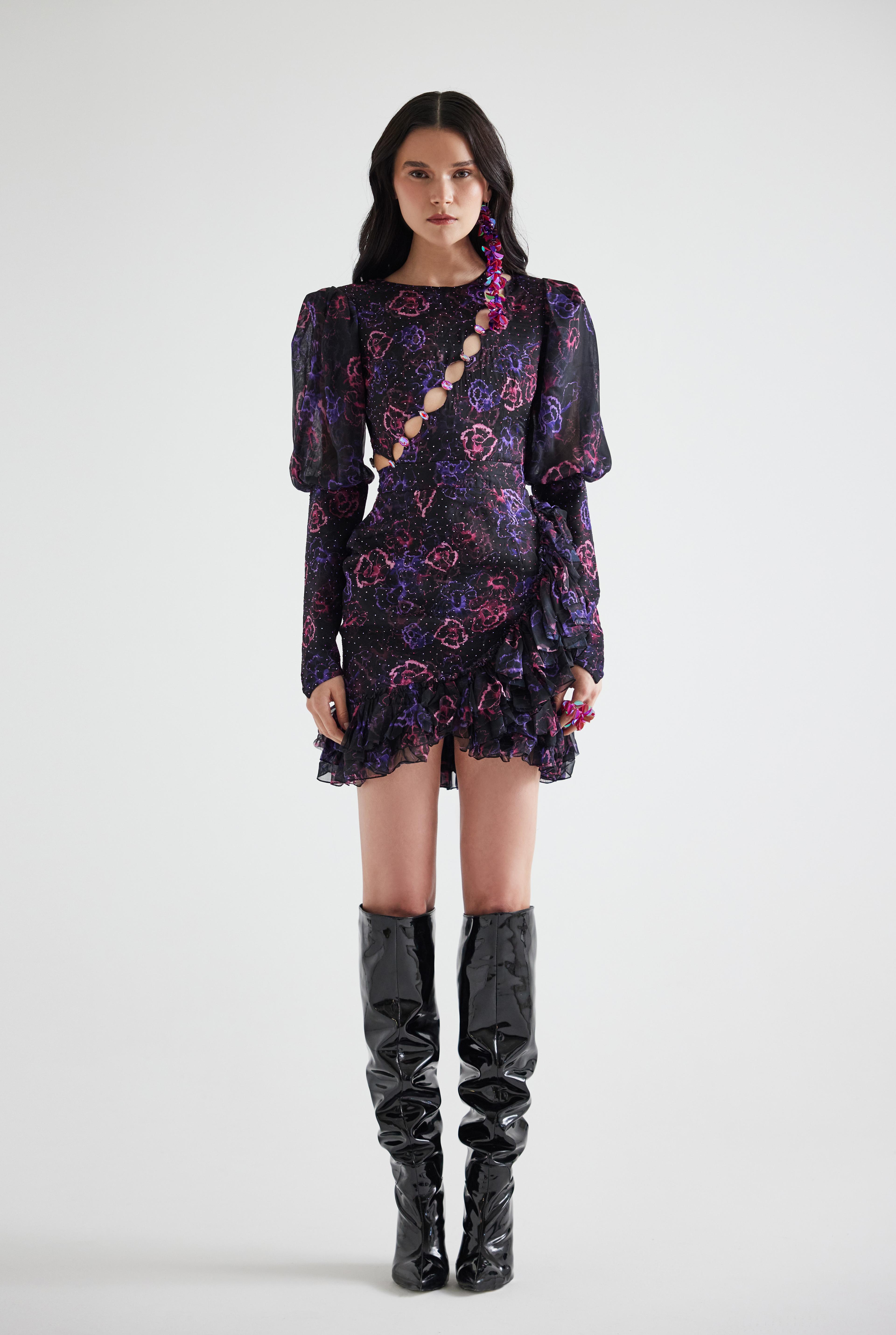 Assymetrical Stone Printed Floral Patterned Mini Dress