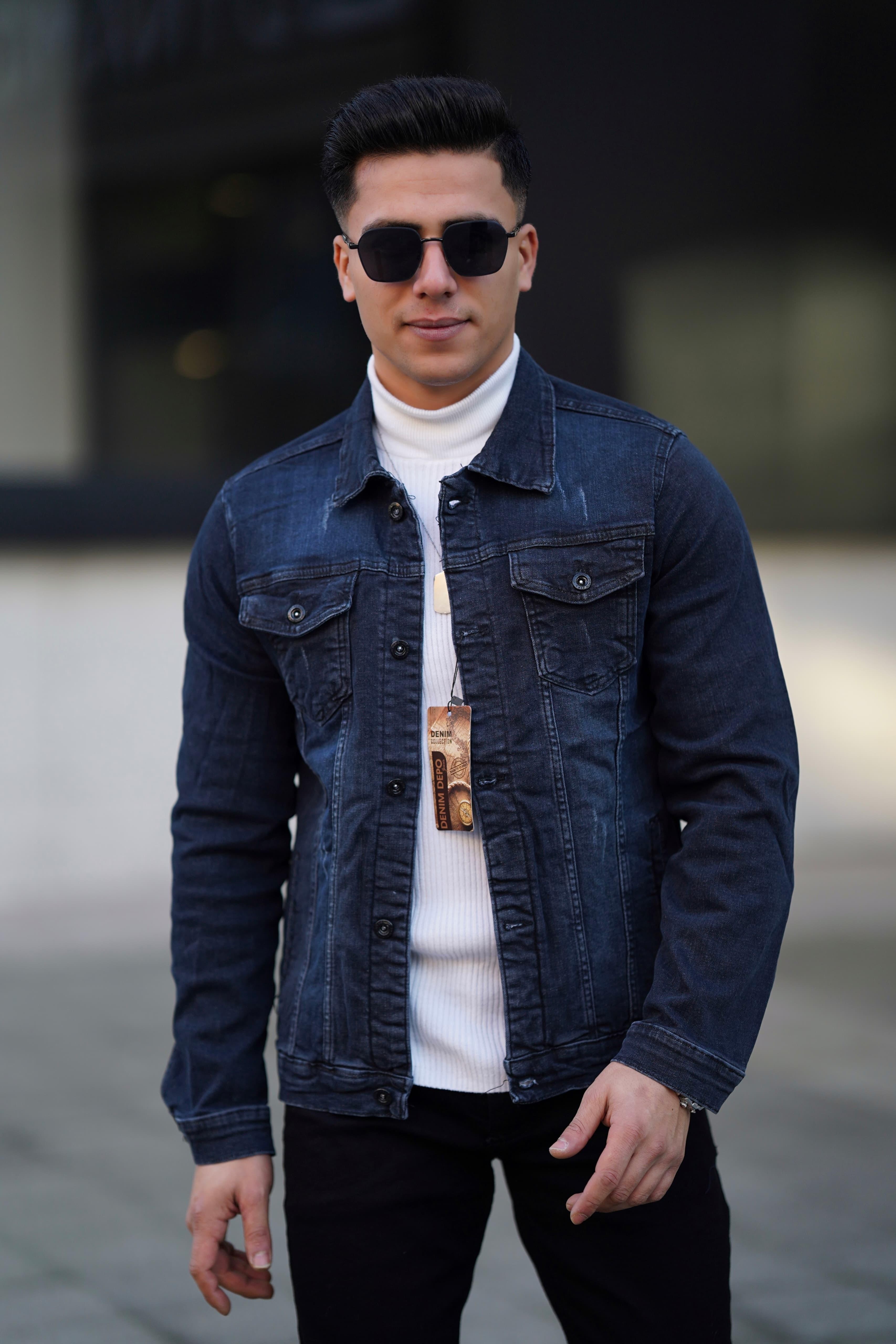 Erkek A Kalite Slim Fit Koyu Mavi Yırtıklı Denim Kot Ceket