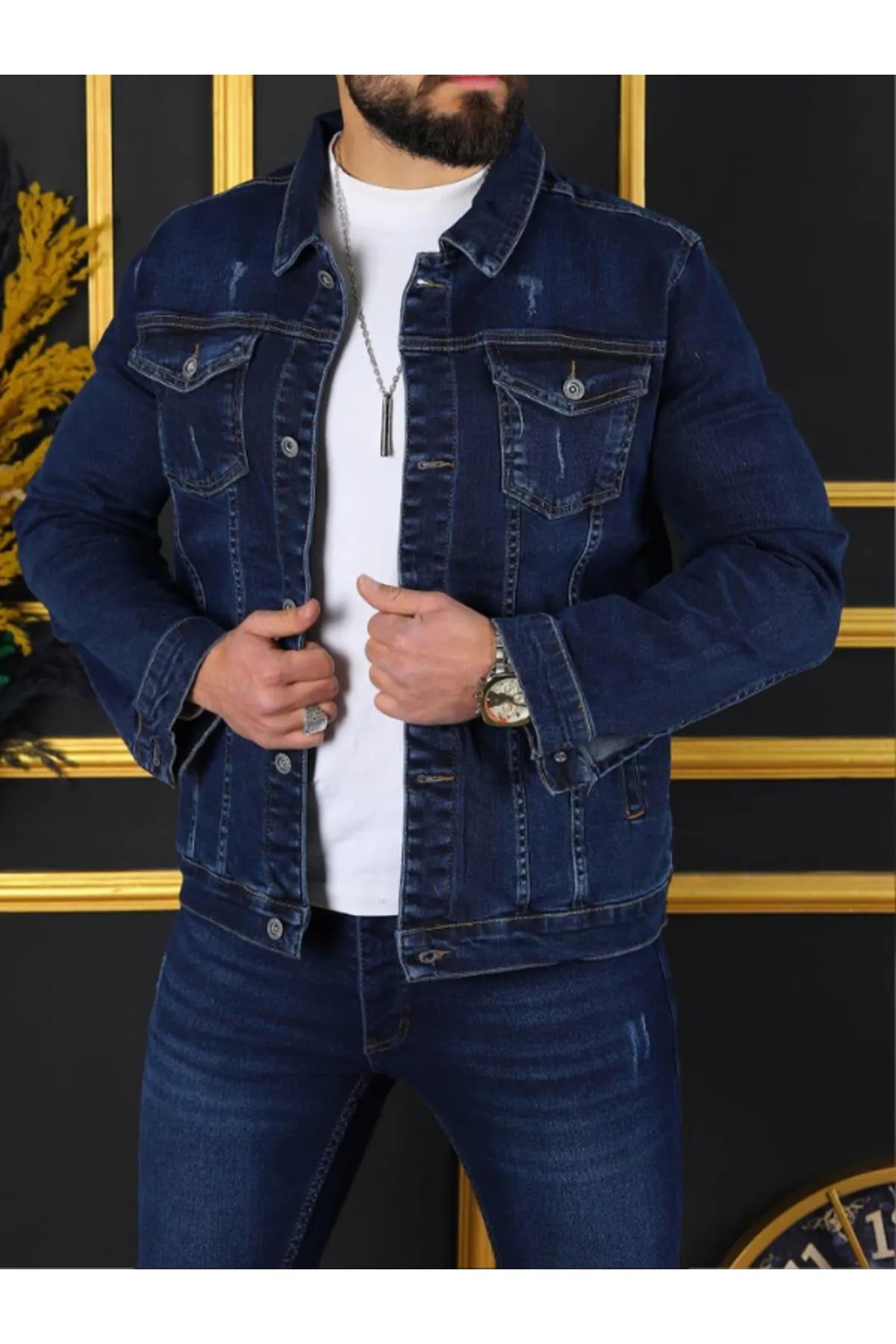 Erkek A Kalite Slim Fit Koyu  Mavi Yırtıklı Denim Kot Ceket