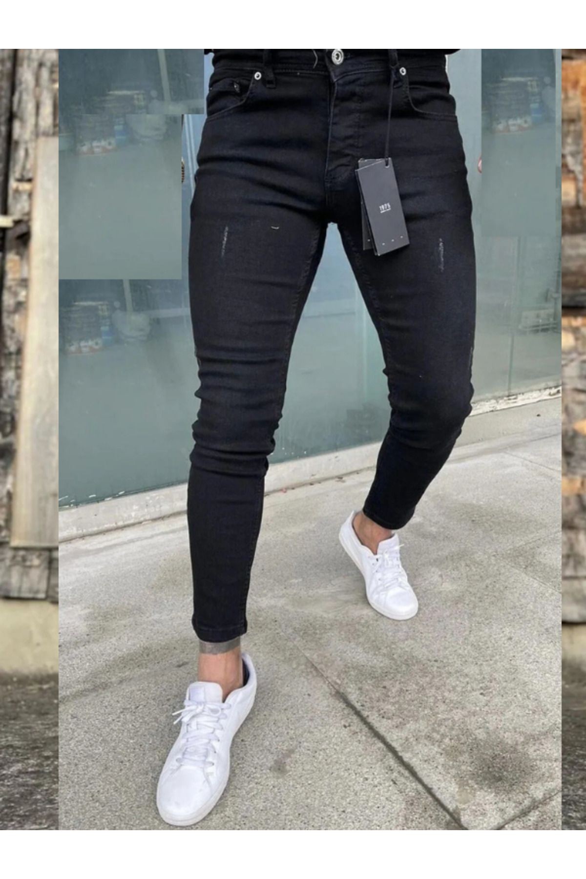 Erkek Taşlamalı Yırtıklı Siyah Slim Fit Likralı Kot Pantolon