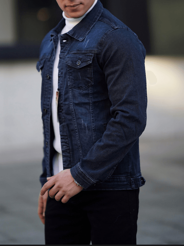 Erkek A Kalite Slim Fit Koyu Mavi Yırtıklı Denim Kot Ceket