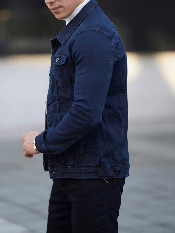 Erkek A Kalite Slim Fit Koyu  Lacivert Denim Kot Ceket