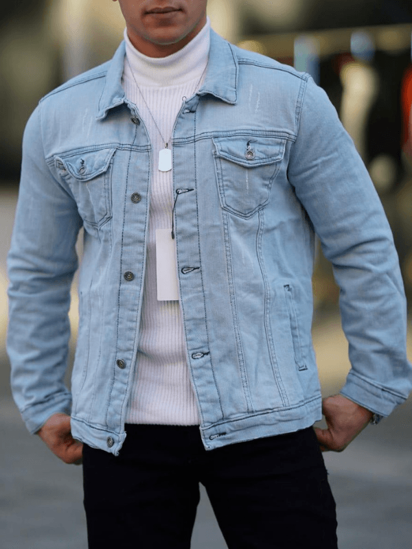 Erkek A Kalite Slim Fit Açık Mavi Yırtıklı Denim Kot Ceket