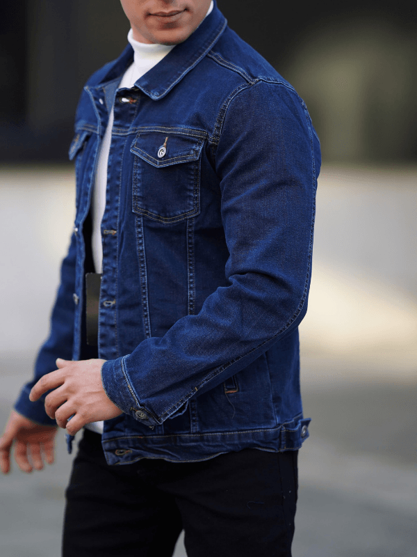 Erkek A Kalite Slim Fit Koyu Mavi Denim Kot Ceket