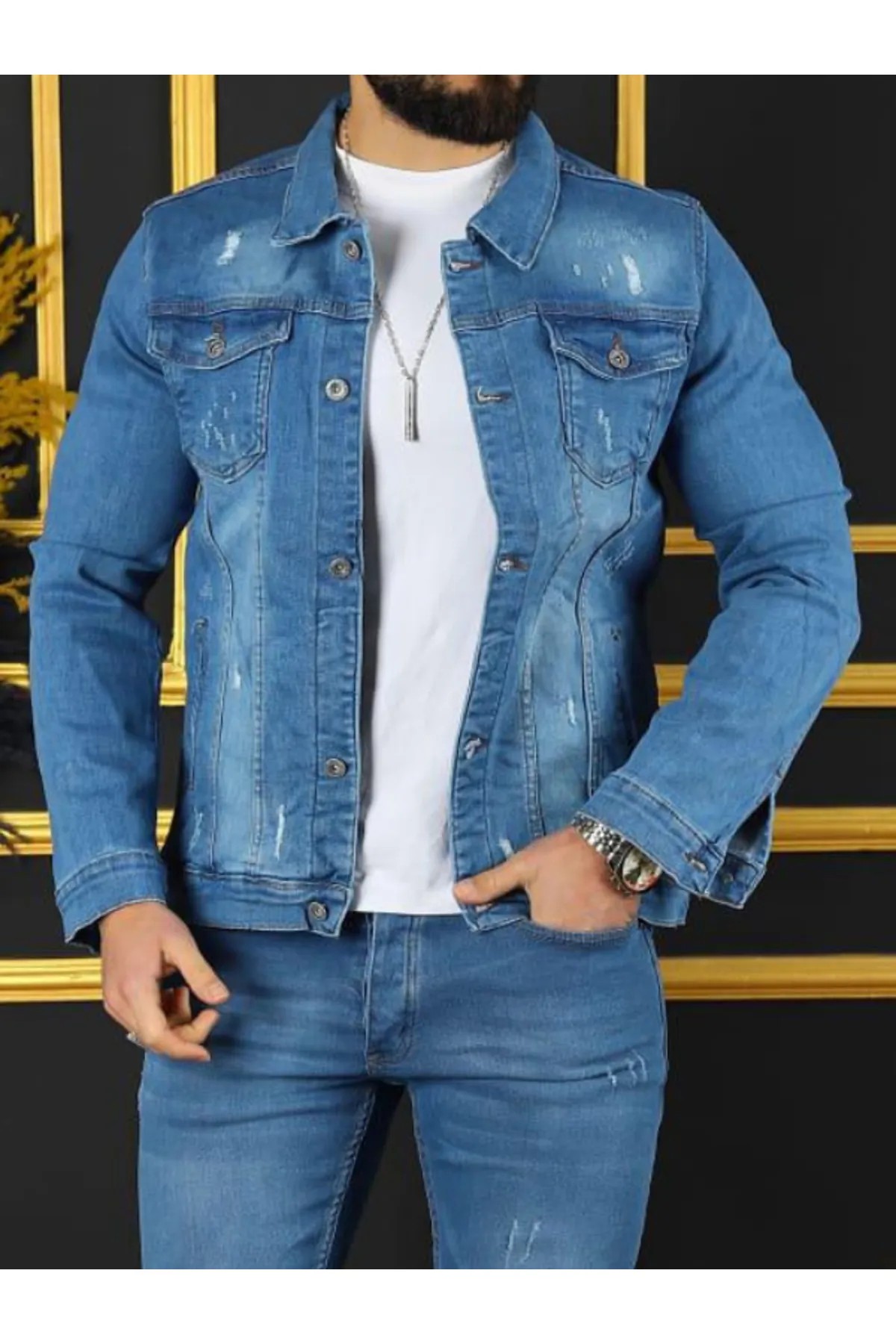 Erkek A Kalite Slim Fit Yırtıklı  Buz Mavi  Denim Kot Ceket