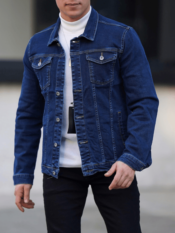 Erkek A Kalite Slim Fit Koyu Mavi Denim Kot Ceket