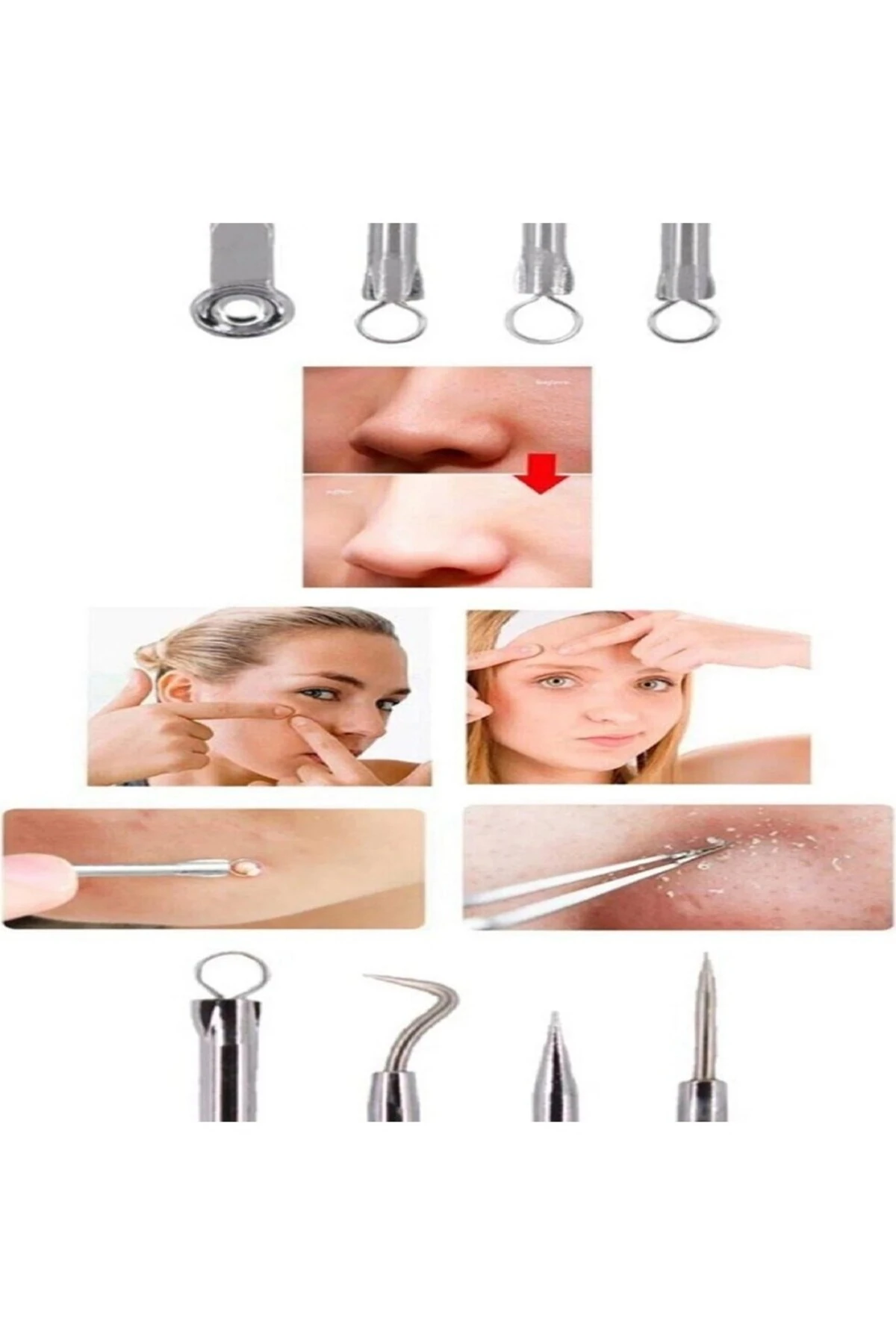 4 Parça Hijyenik Kutulu Paslanmaz Çelik Siyah Nokta Temizleme Komedon Aleti