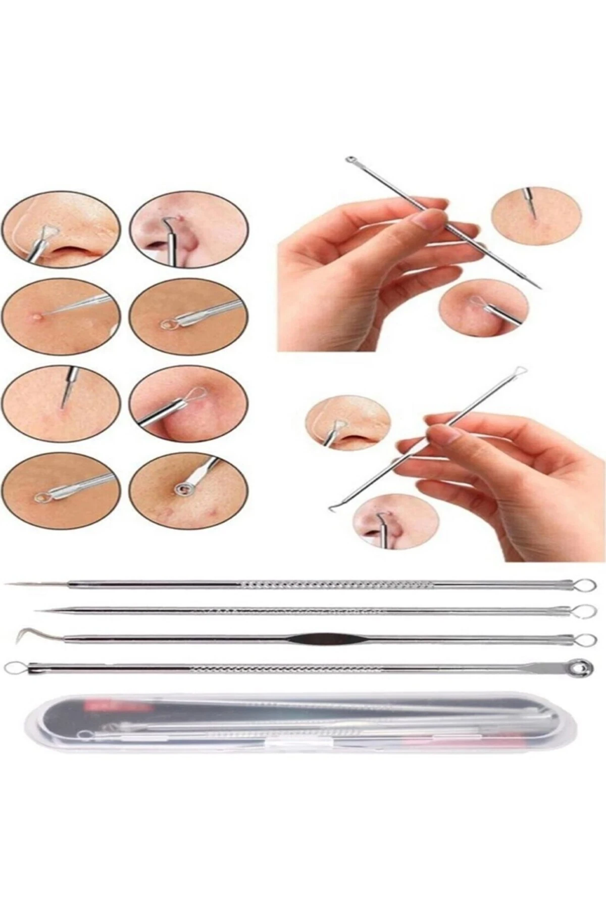 4 Parça Hijyenik Kutulu Paslanmaz Çelik Siyah Nokta Temizleme Komedon Aleti