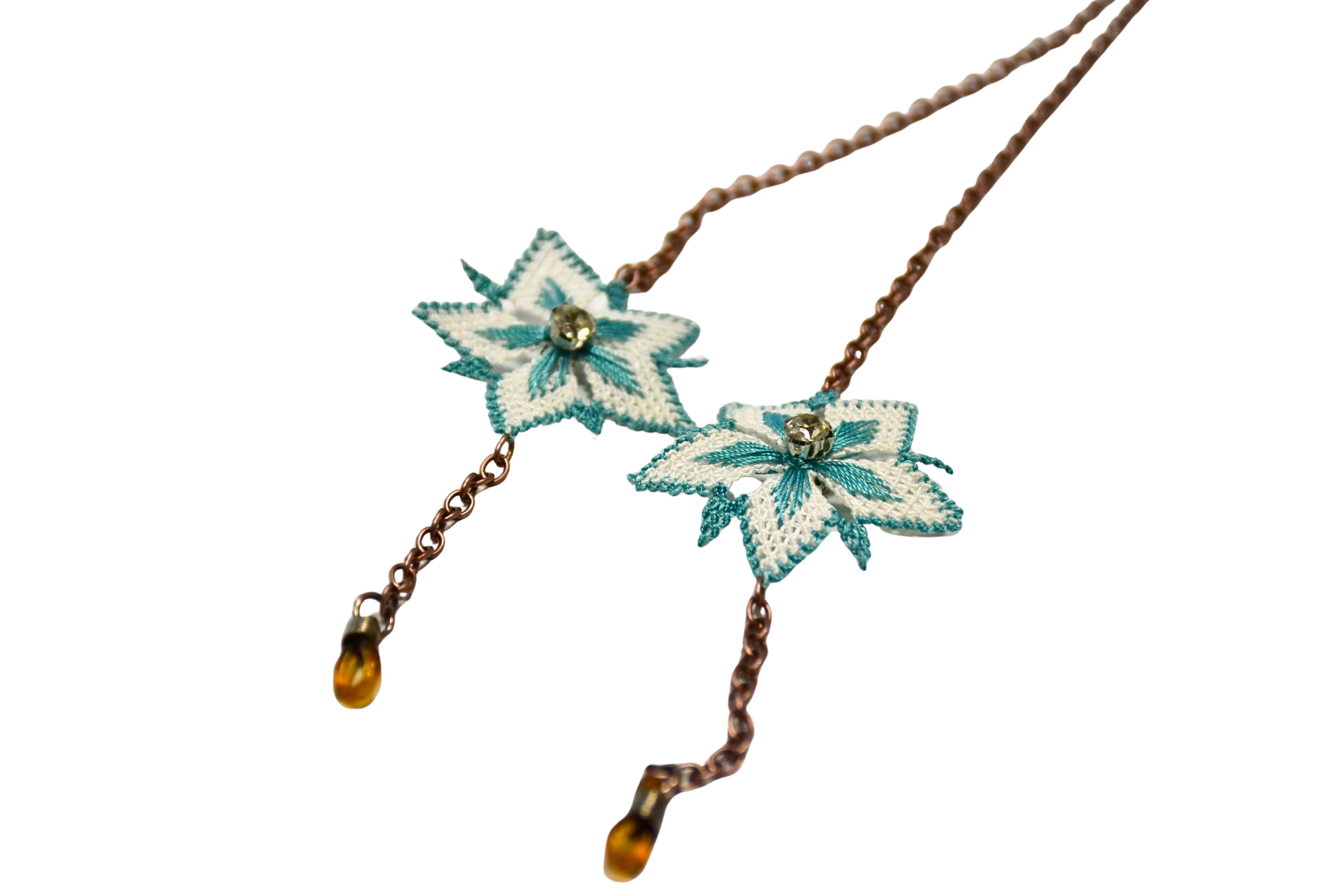 Mavi Çiçek Desenli İğne Oyası Gözlük İpi