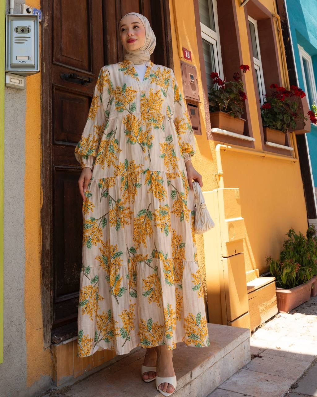 Mimoza Desenli Yazlık Elbise – Büyük Beden - Sarı