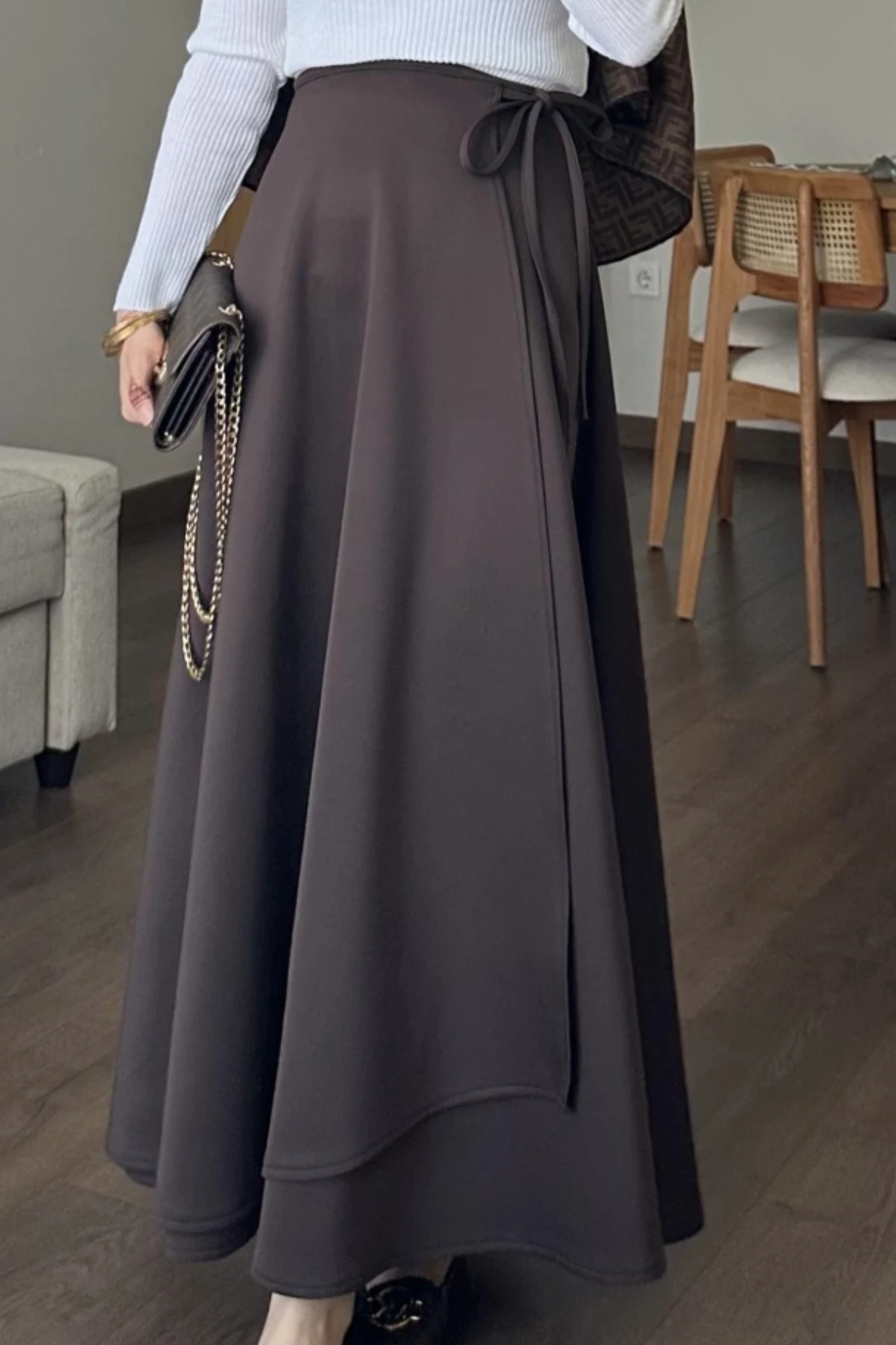 Kruvaze Bağlamalı Scuba Etek - Kahverengi