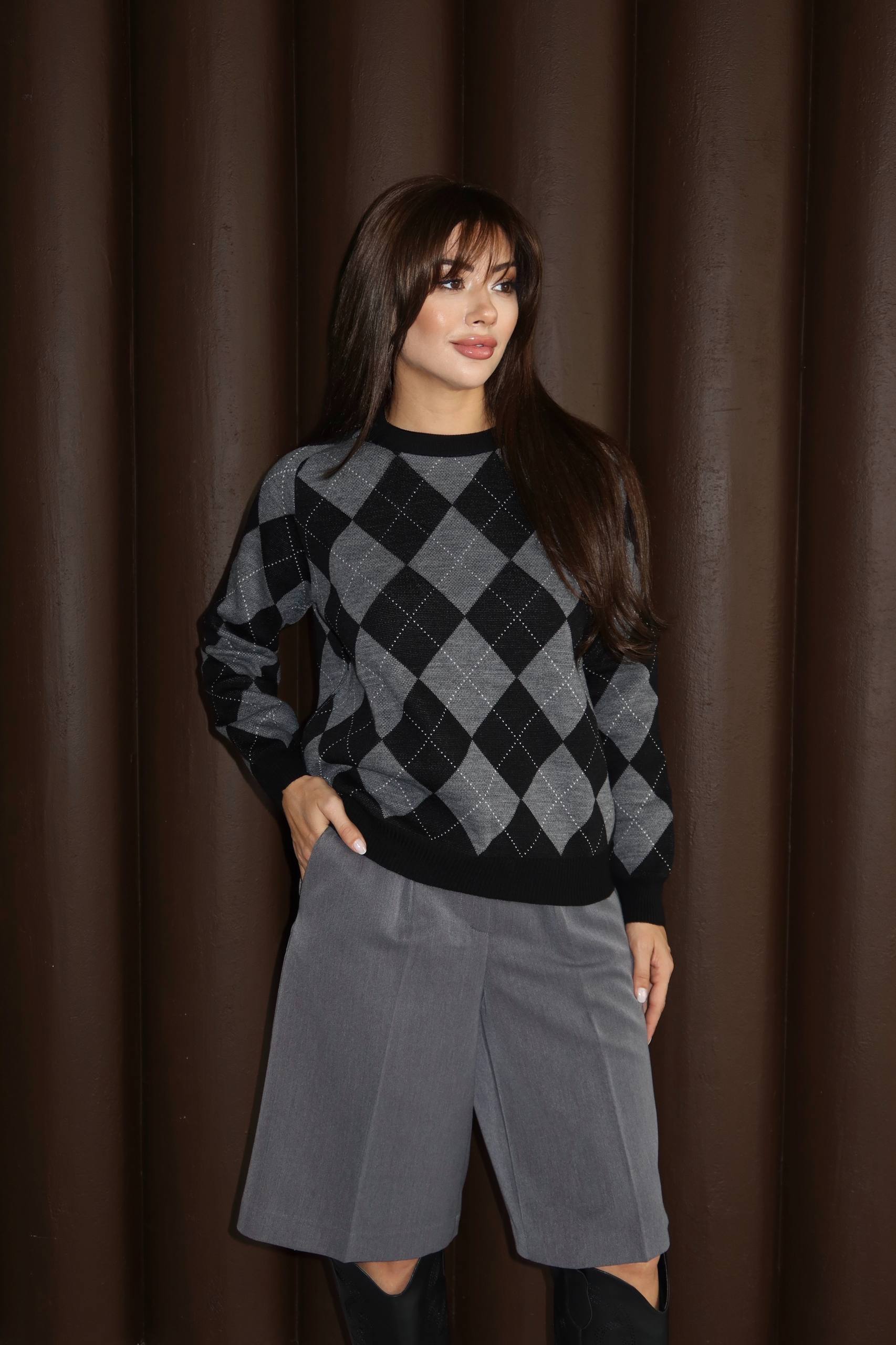 Baklava Desenli Triko Kazak - Siyah-gri