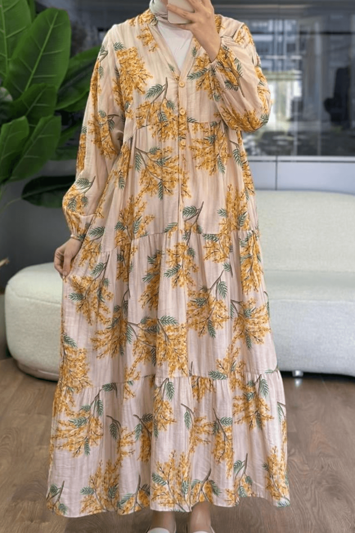 Mimoza Desenli Yazlık Elbise – Büyük Beden - Sarı
