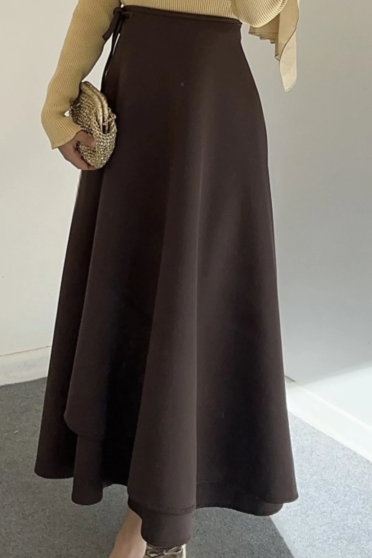 Kruvaze Bağlamalı Scuba Etek - Kahverengi