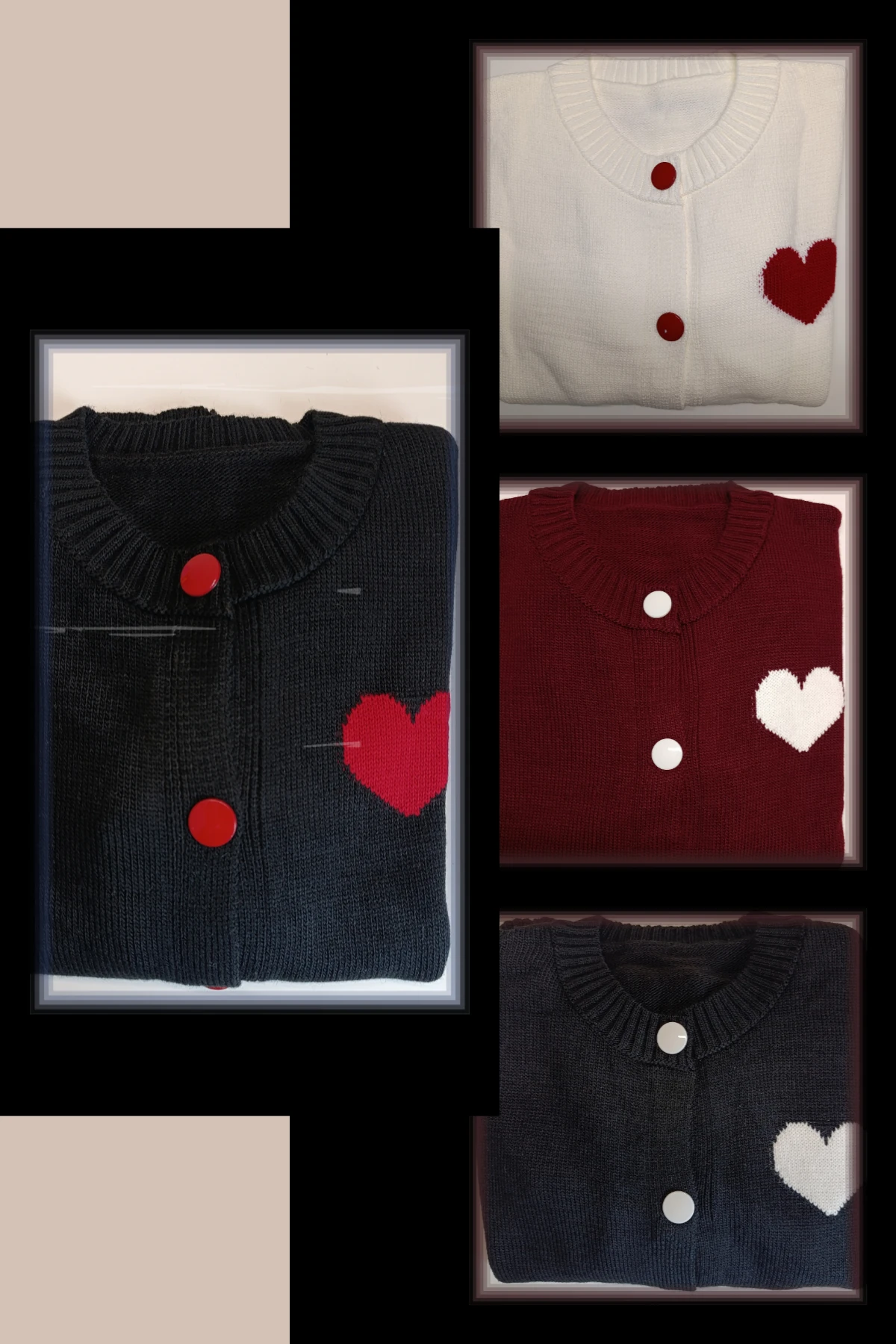 Kalp Detaylı Triko Hırka - Siyah-kırmızı kalpli