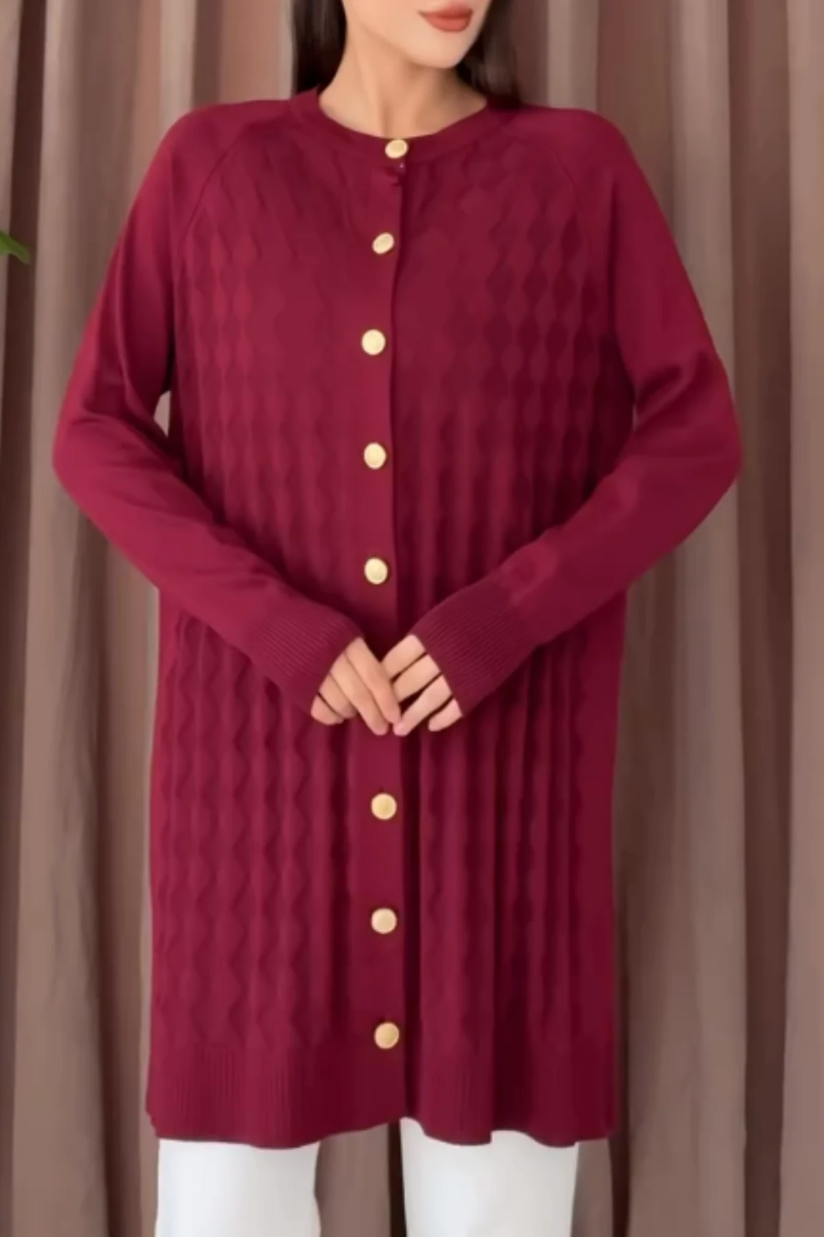 Merserize Gold Düğmeli Uzun Hırka