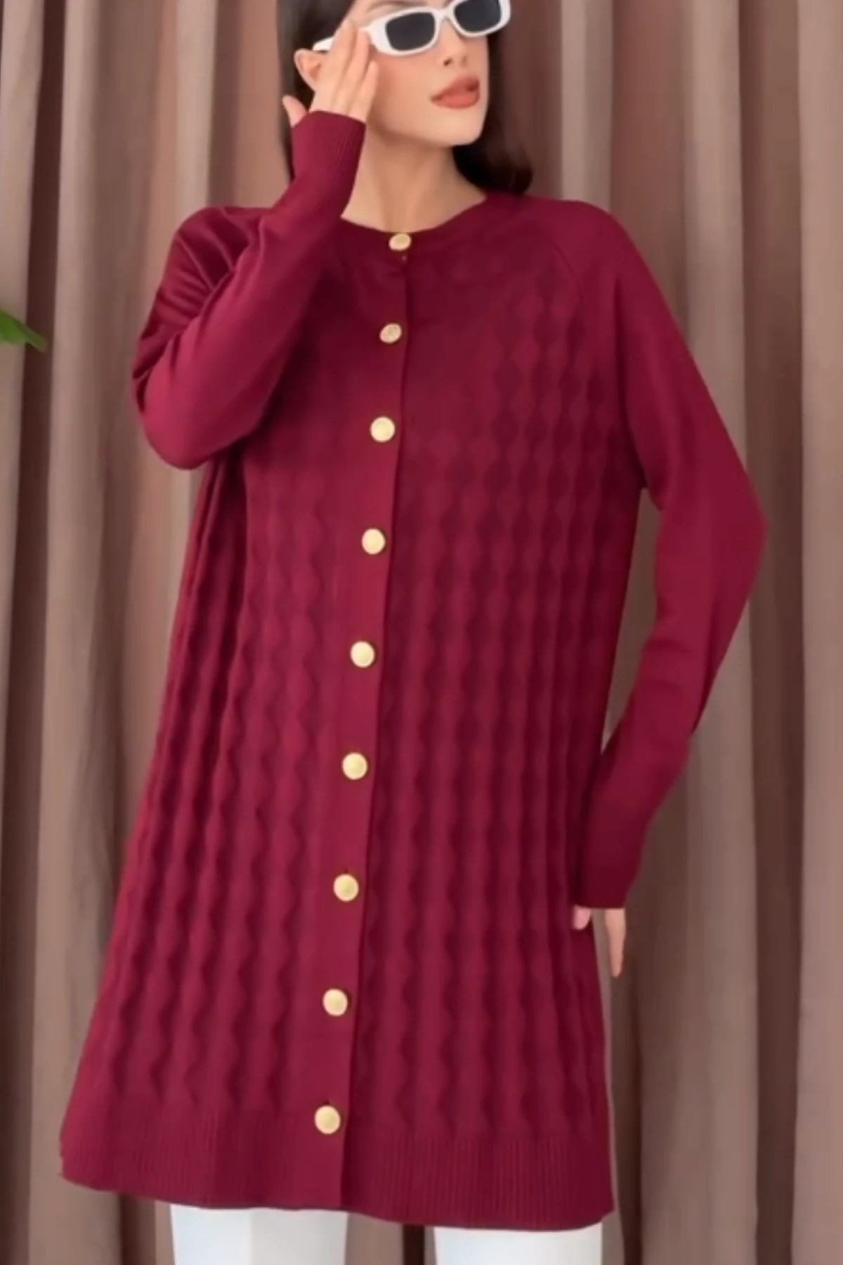 Merserize Gold Düğmeli Uzun Hırka