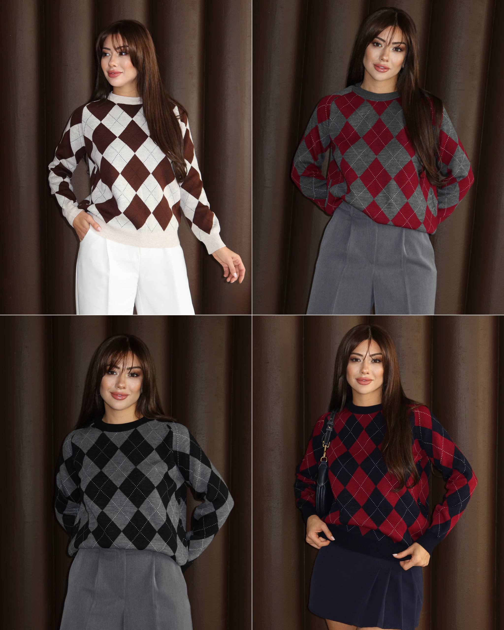 Baklava Desenli Triko Kazak - Kahverengi