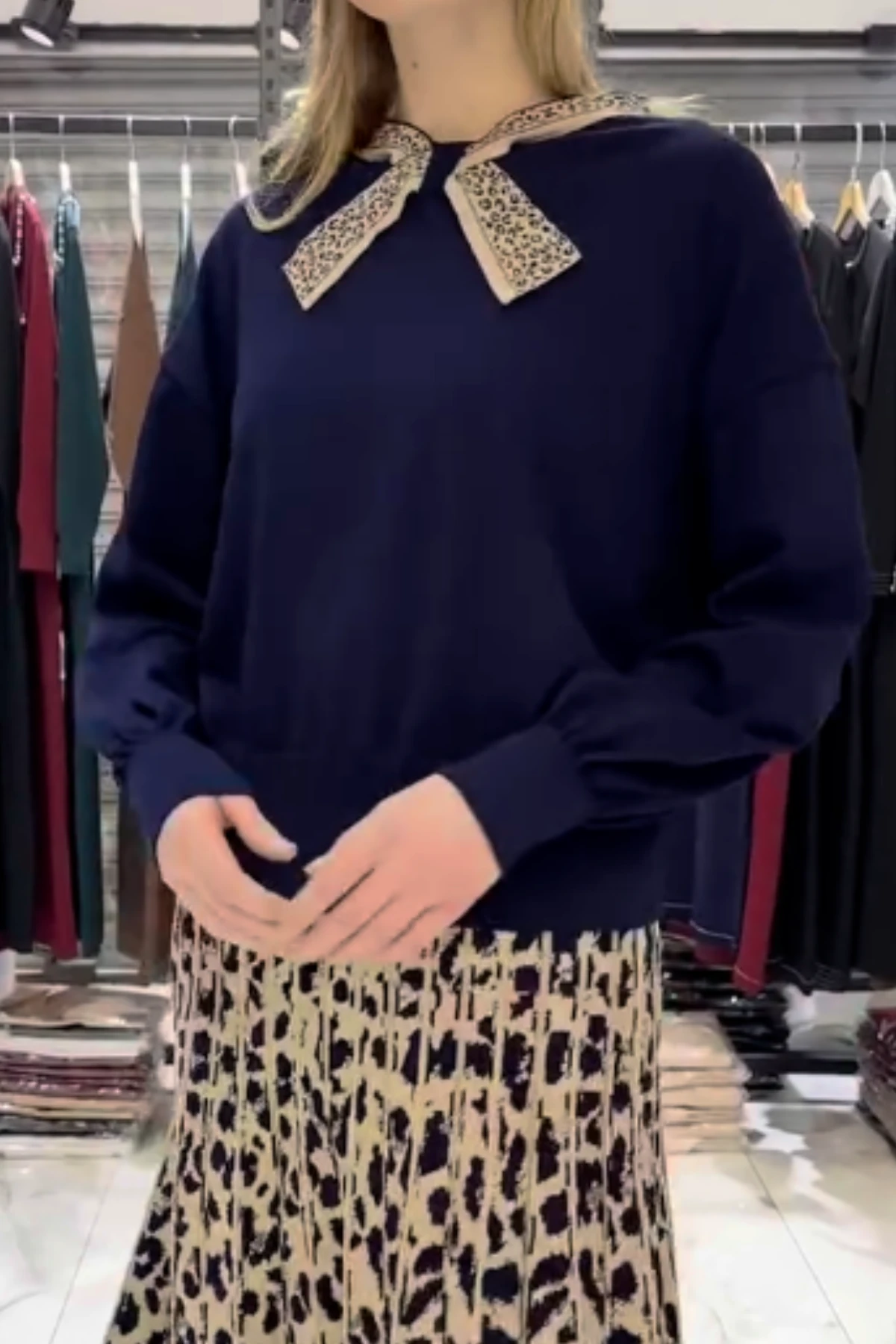 Triko Etek Takım - Leopar Tasarım Plise Etek Takım - lacivert