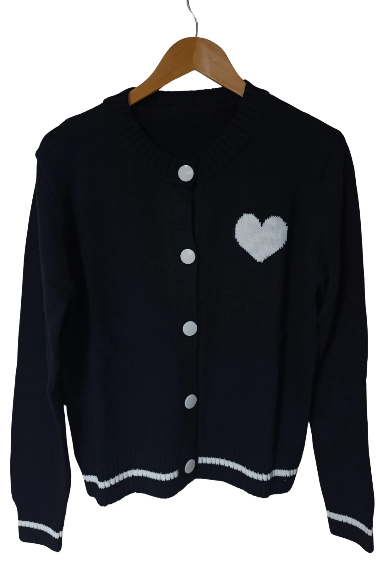 Kalp Detaylı Triko Hırka - Siyah-beyaz kalpli