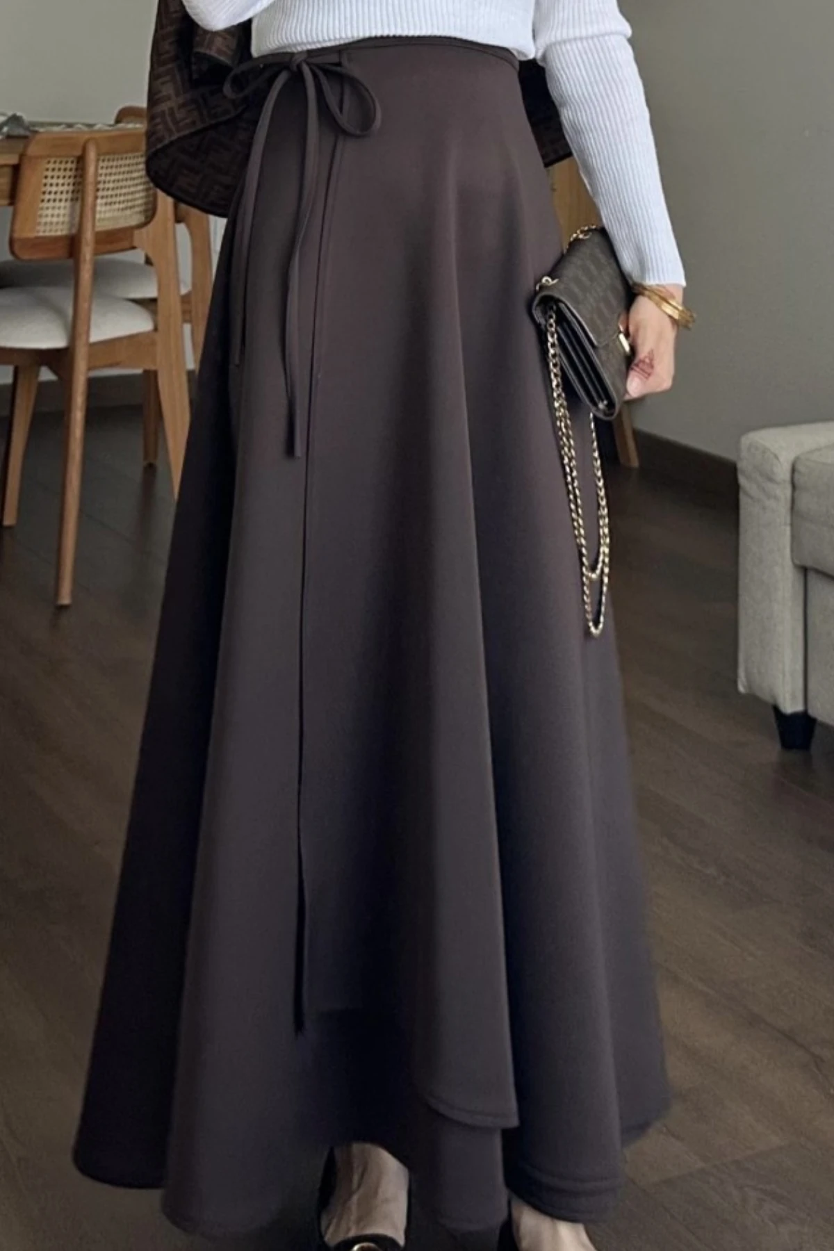 Kruvaze Bağlamalı Scuba Etek - Kahverengi