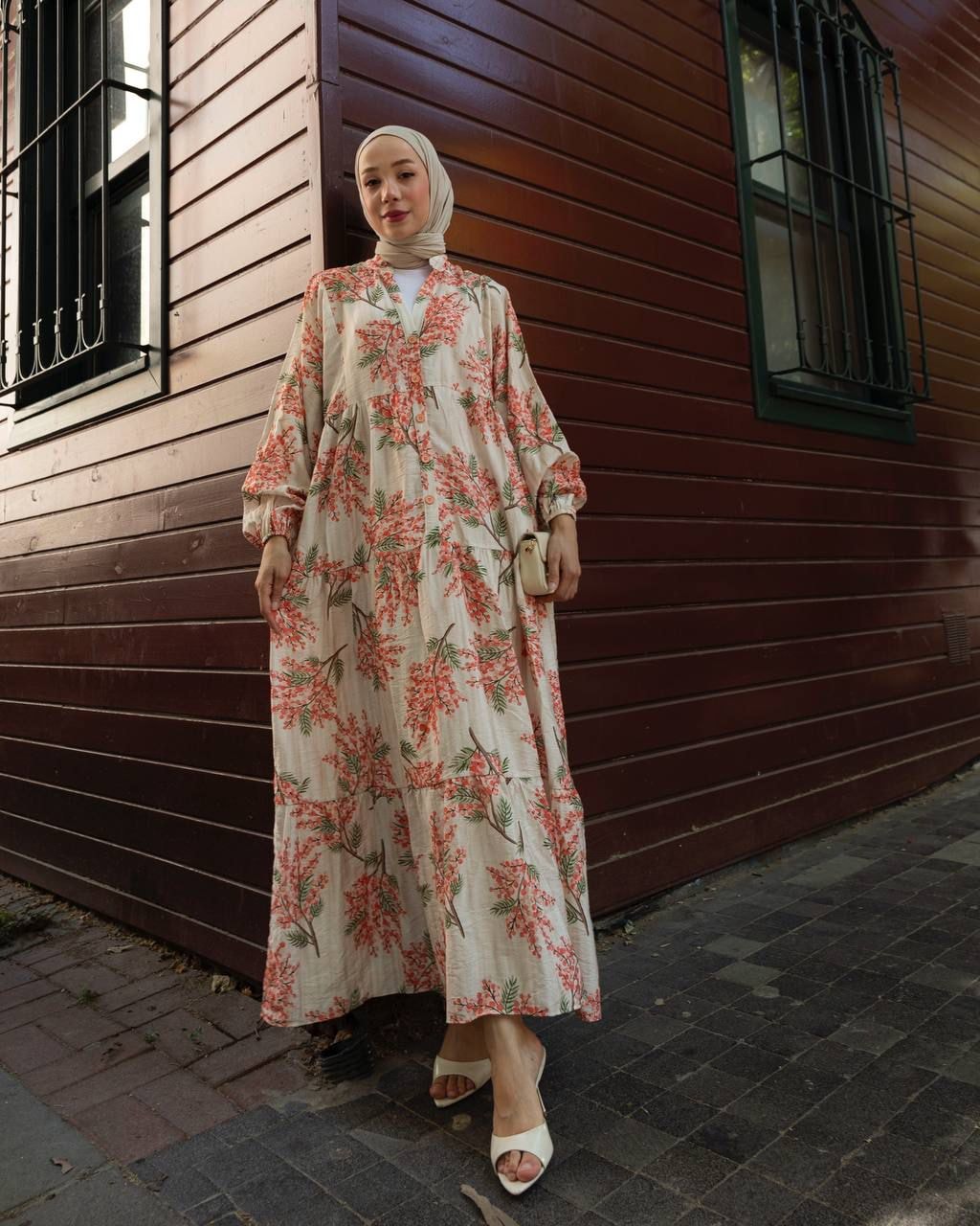 Mimoza Desenli Yazlık Elbise – Büyük Beden - Nar çiçeği