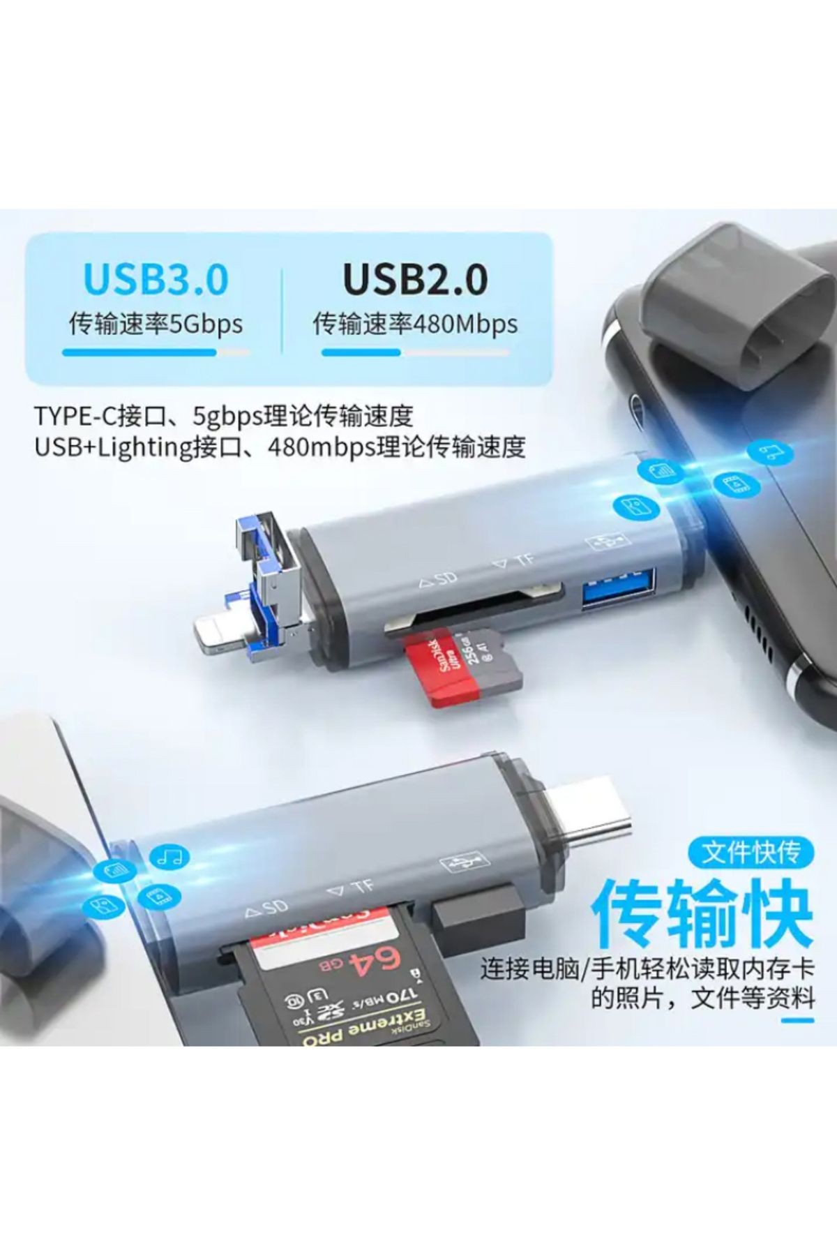 6in1 Usb Otg Kart Okuyucu Type-C ve Lightning Uçlu PC Notebook Uyumlu Mikro SD Kart Okuyucu ADS-306