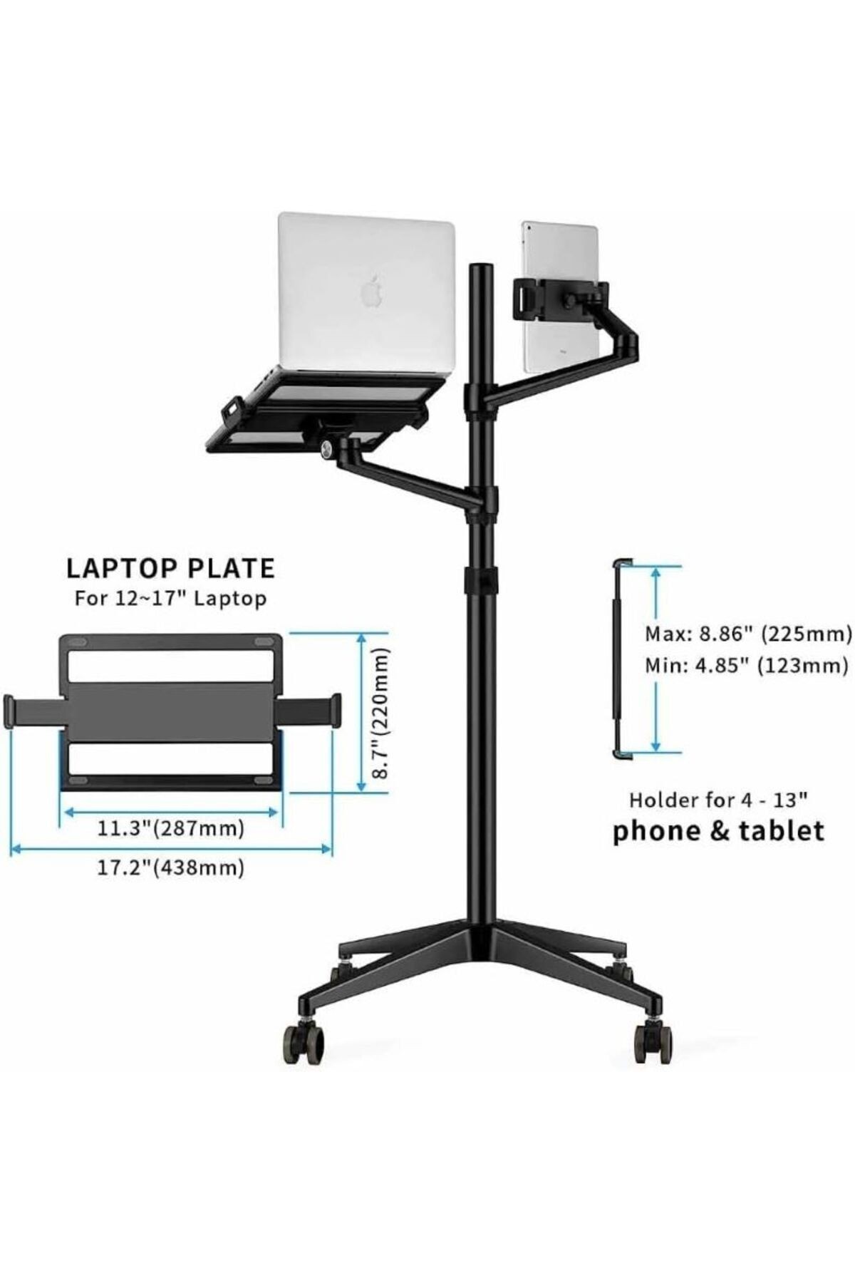 Profesyonel Tablet Notebook Macbook Uyumlu Tekerlekli Stand 360° Yüksekliği Ayarlanabilir 146cm X-9l