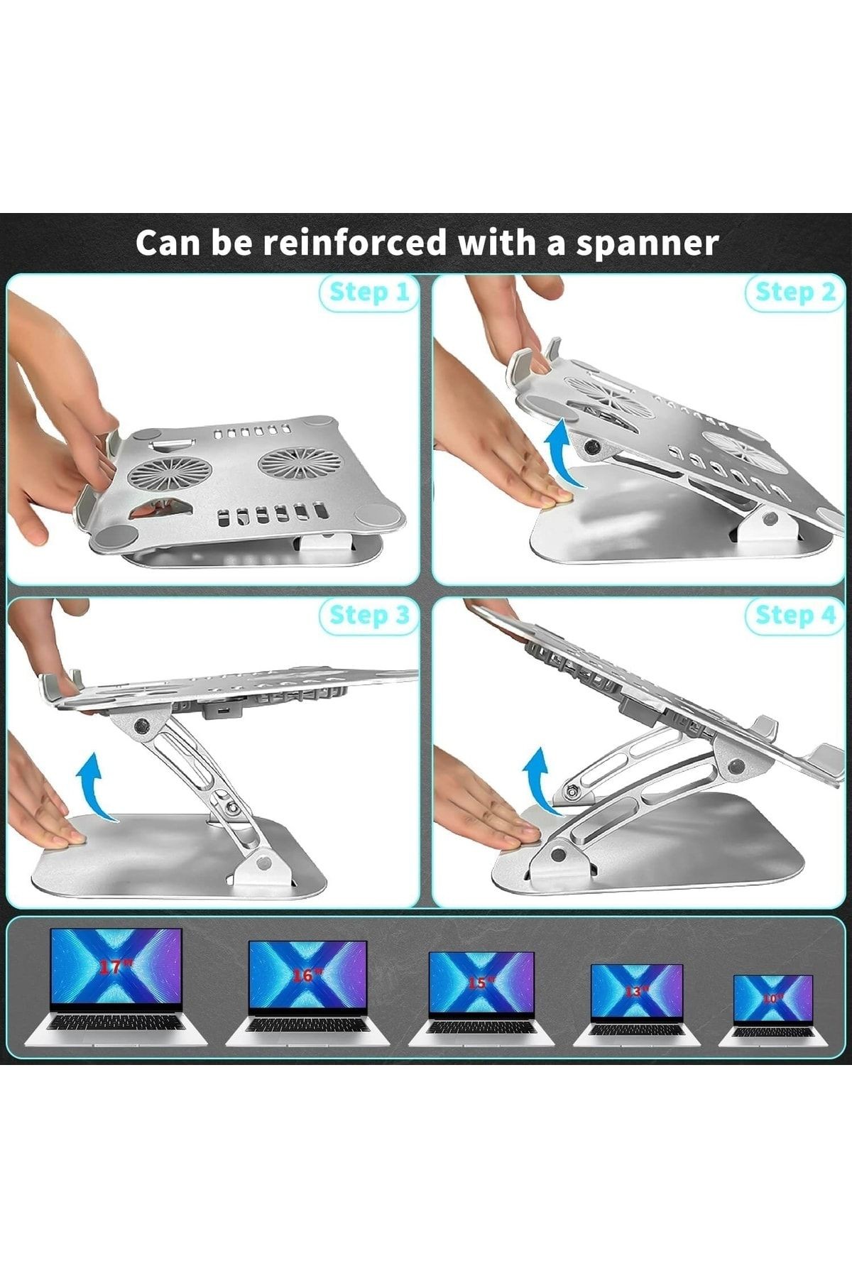 Bilgisayar Standı Usb Fanlı Notebook Type-c To Usb Ayarlanabilir Tok Aliminyum 10-16 Inç Pedli Taban