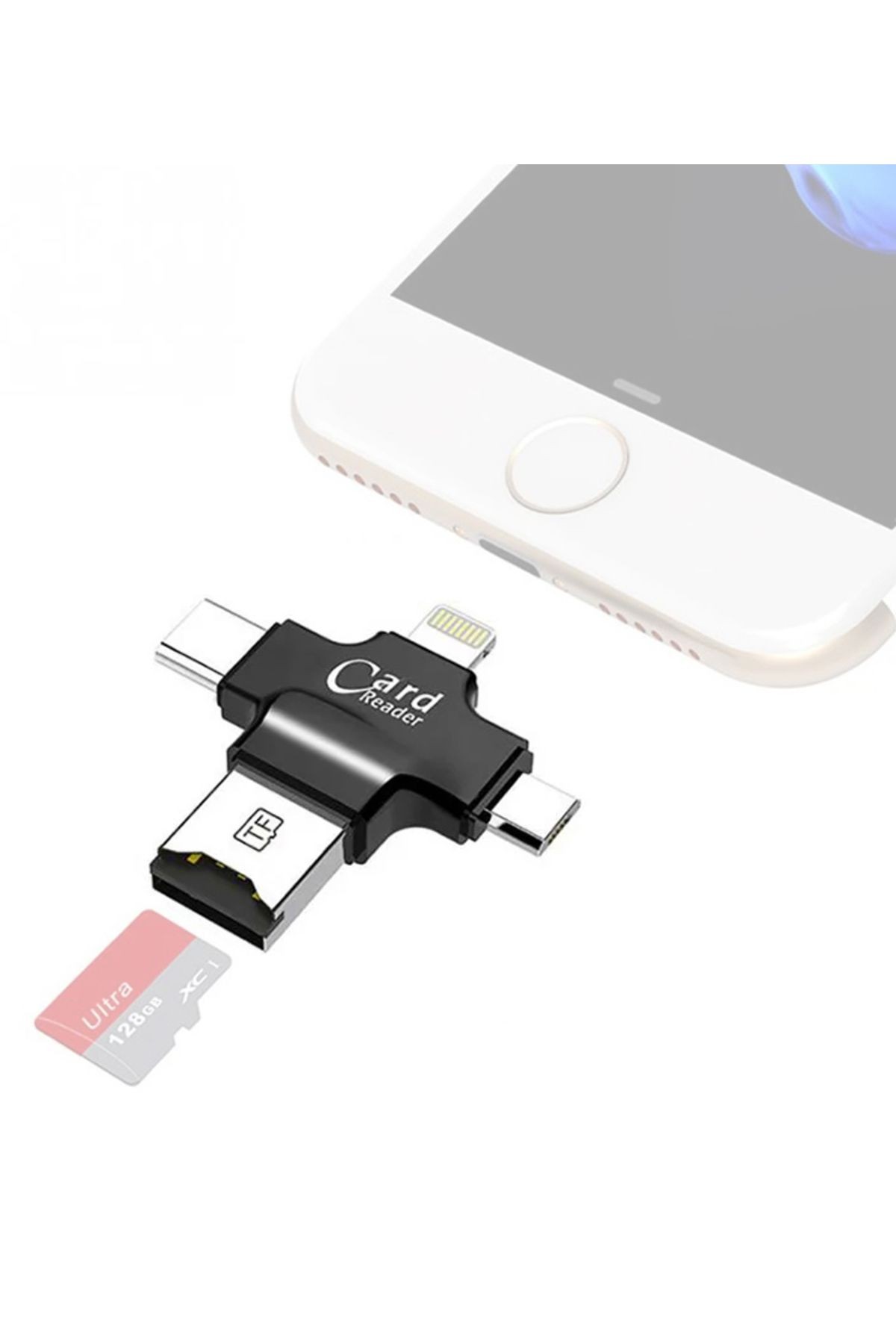 4in1 Kart Okuyucu Lightning Micro USb ve Type-C Girişli Fat32 ve exFat Destekli Card Reader SW-T1