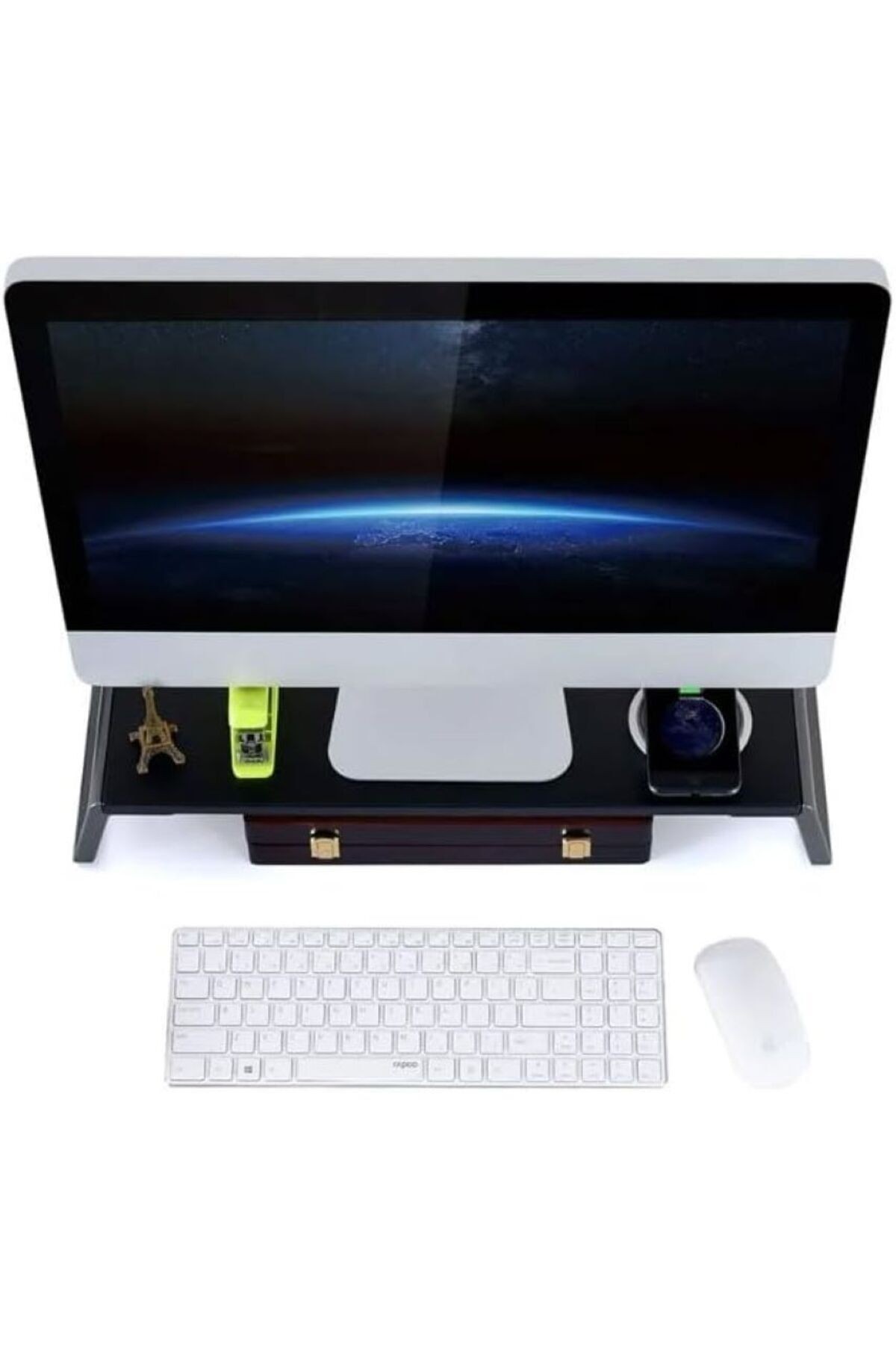 Metal Ayaklı Ahşap Laptop Monitör Standı TV LCD Ekran Yazıcısı Yükseltici Standı 4 Adet USB ZR488