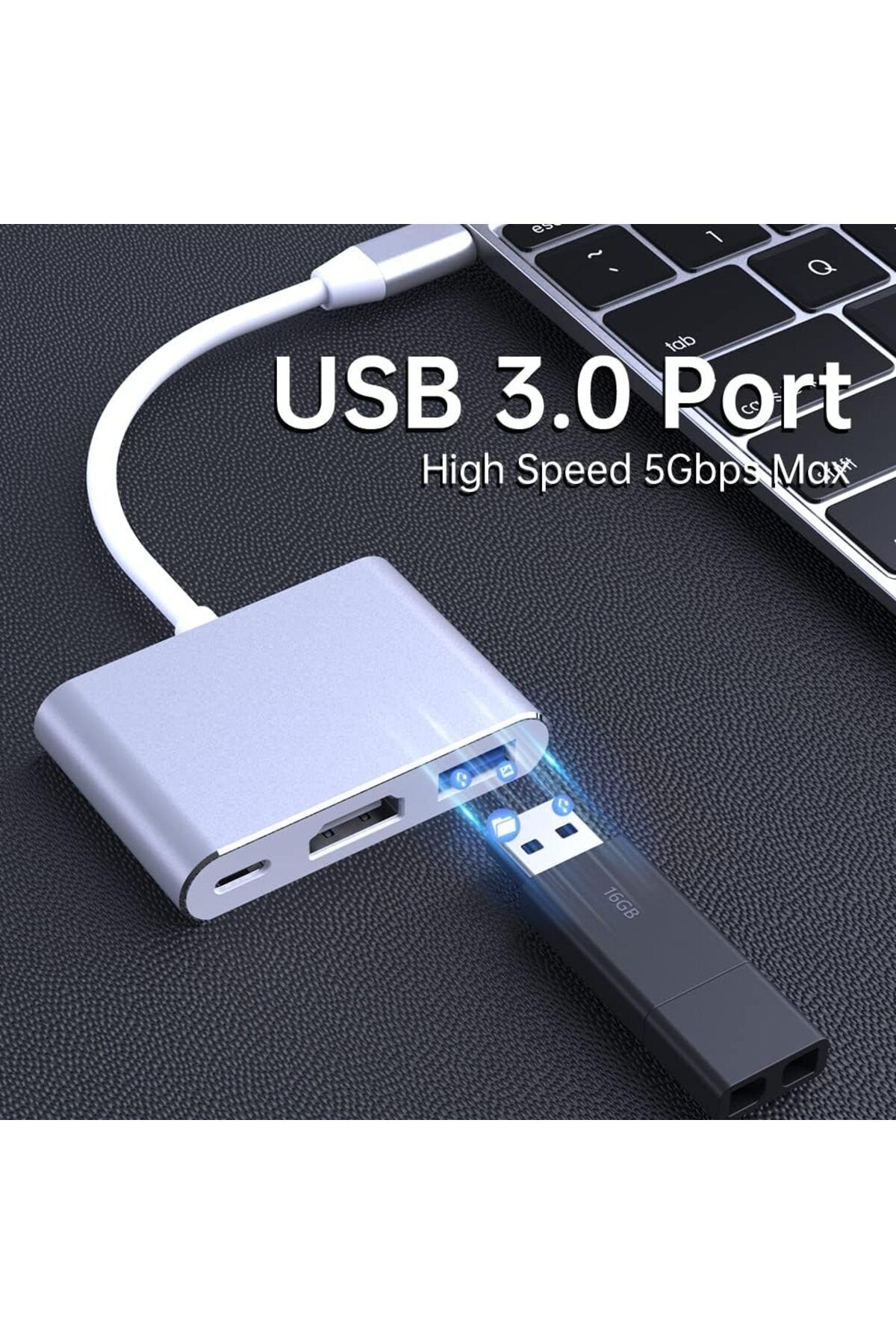 Type-c 3in1 Hdmi 4k Usb 3.0 Görüntü Veri Aktarımı Usb Adaptör Notebook Ve Macbook Ile Uyumlu TC-23