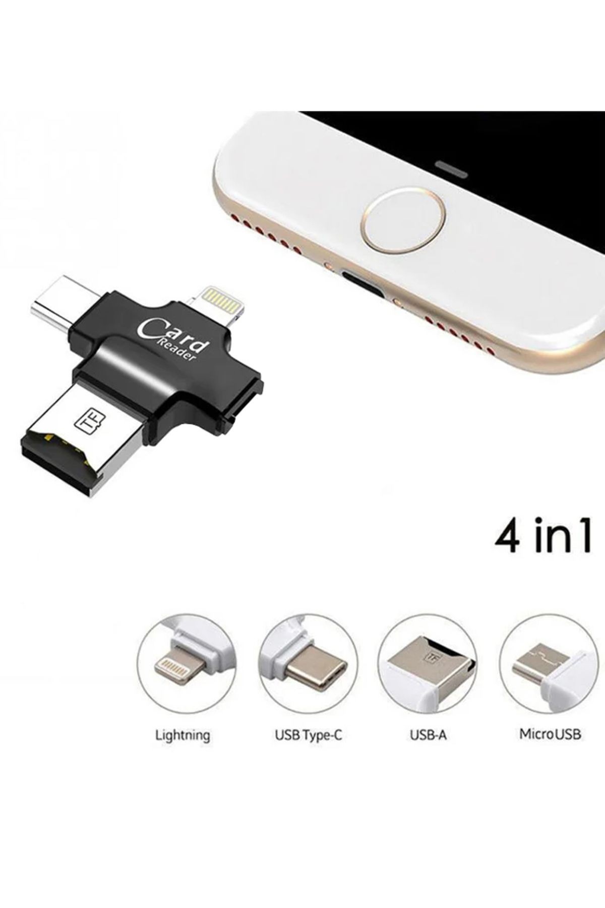 4in1 Kart Okuyucu Lightning Micro USb ve Type-C Girişli Fat32 ve exFat Destekli Card Reader SW-T1