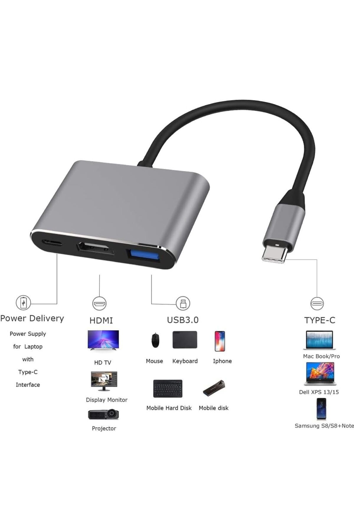 Type-c 3in1 Hdmi 4k Usb 3.0 Görüntü Veri Aktarımı Usb Adaptör Notebook Ve Macbook Ile Uyumlu TC-23