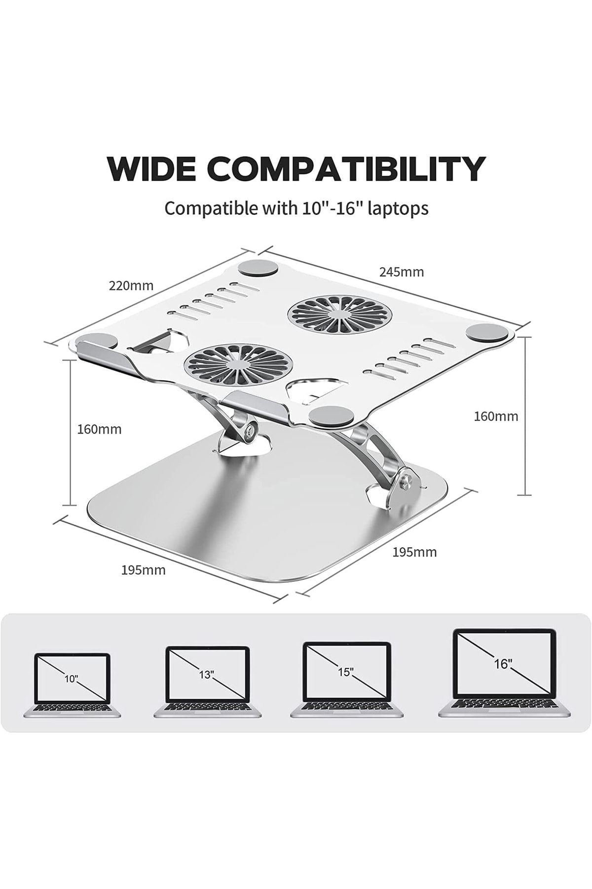 Bilgisayar Standı Usb Fanlı Notebook Type-c To Usb Ayarlanabilir Tok Aliminyum 10-16 Inç Pedli Taban