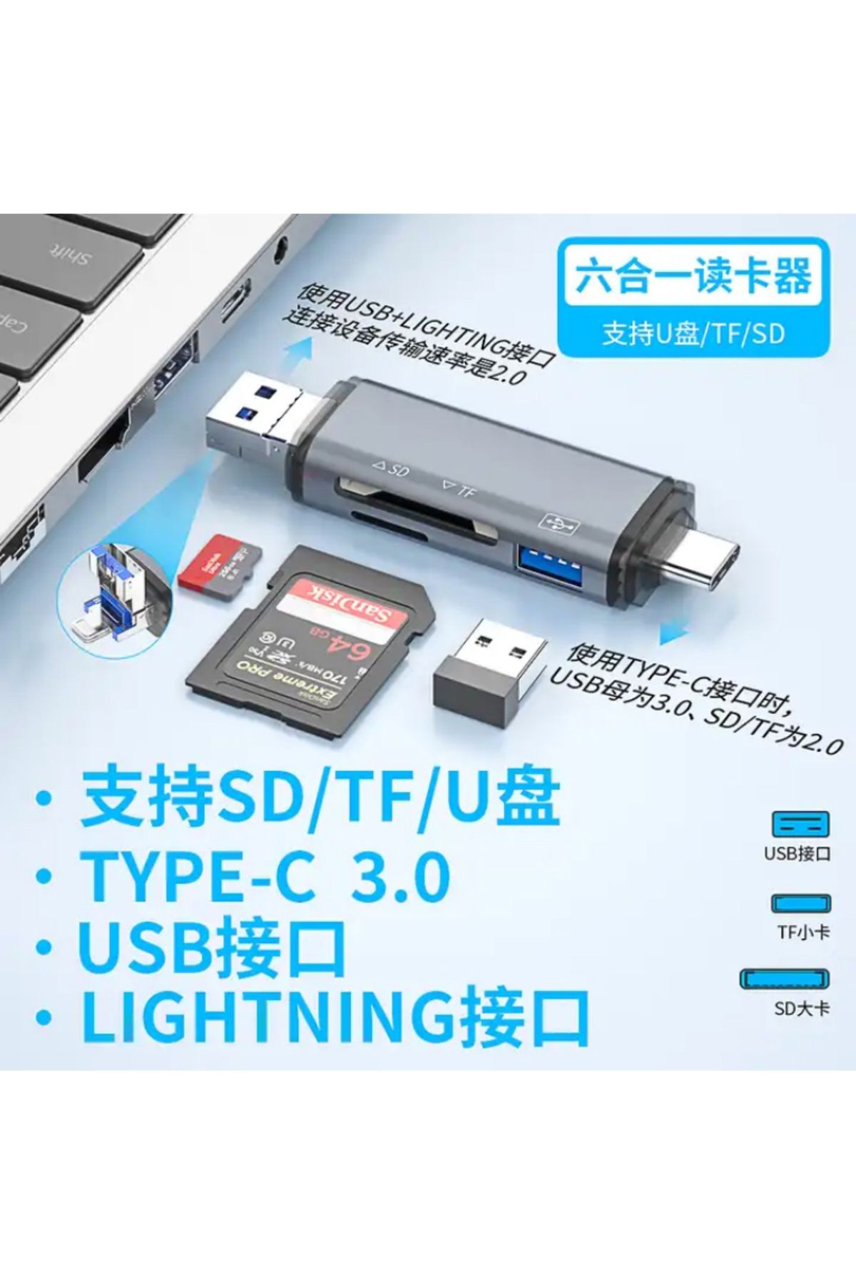 6in1 Usb Otg Kart Okuyucu Type-C ve Lightning Uçlu PC Notebook Uyumlu Mikro SD Kart Okuyucu ADS-306