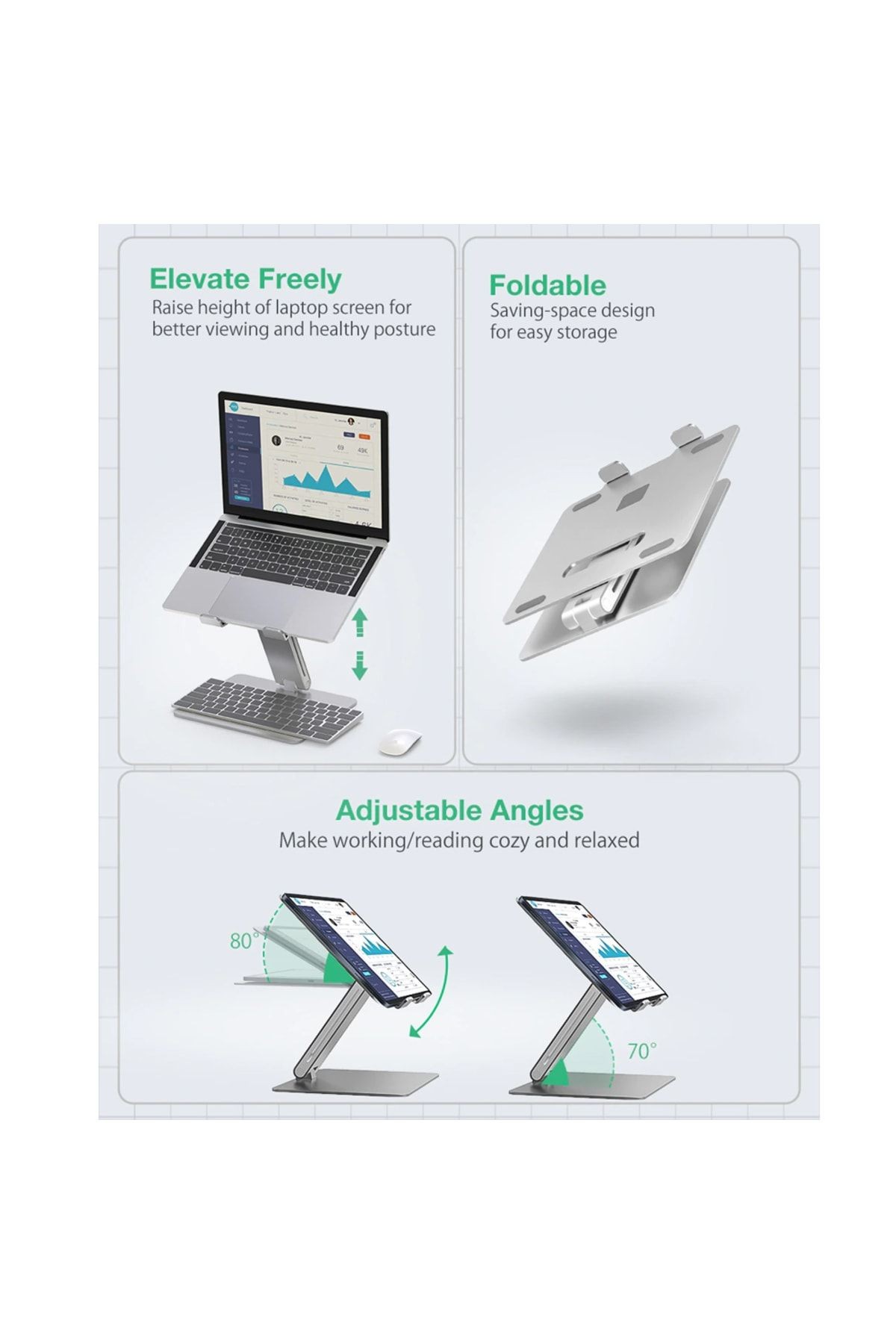 Notebook Standı 8 Kg Taşıma Kapasiteli Açılı Kaydırmaz Pedli %100 Tok Aliminyum Gümüş