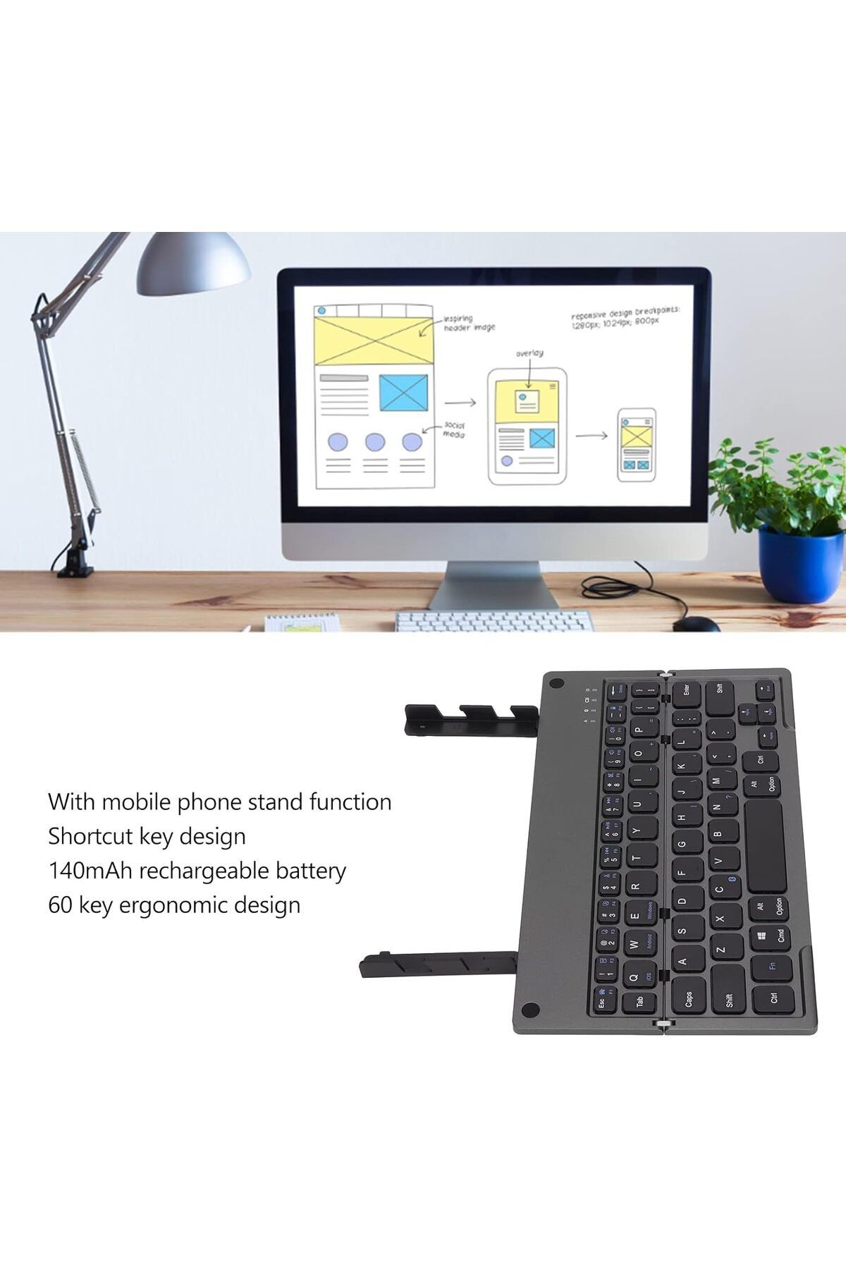 Katlanır Bluetooth Şarjlı Klavye Dahili Stand Aparatı Tablet Stand Özelliği İngilizce Q 673