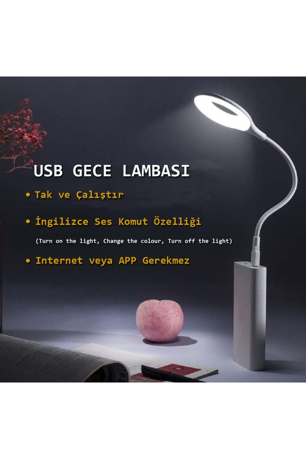 İngilizce Ses Komut Özellikli USB Gece Lambası Esnek Kaz Boyunlu Akıllı LED Okuma Lambası LK50